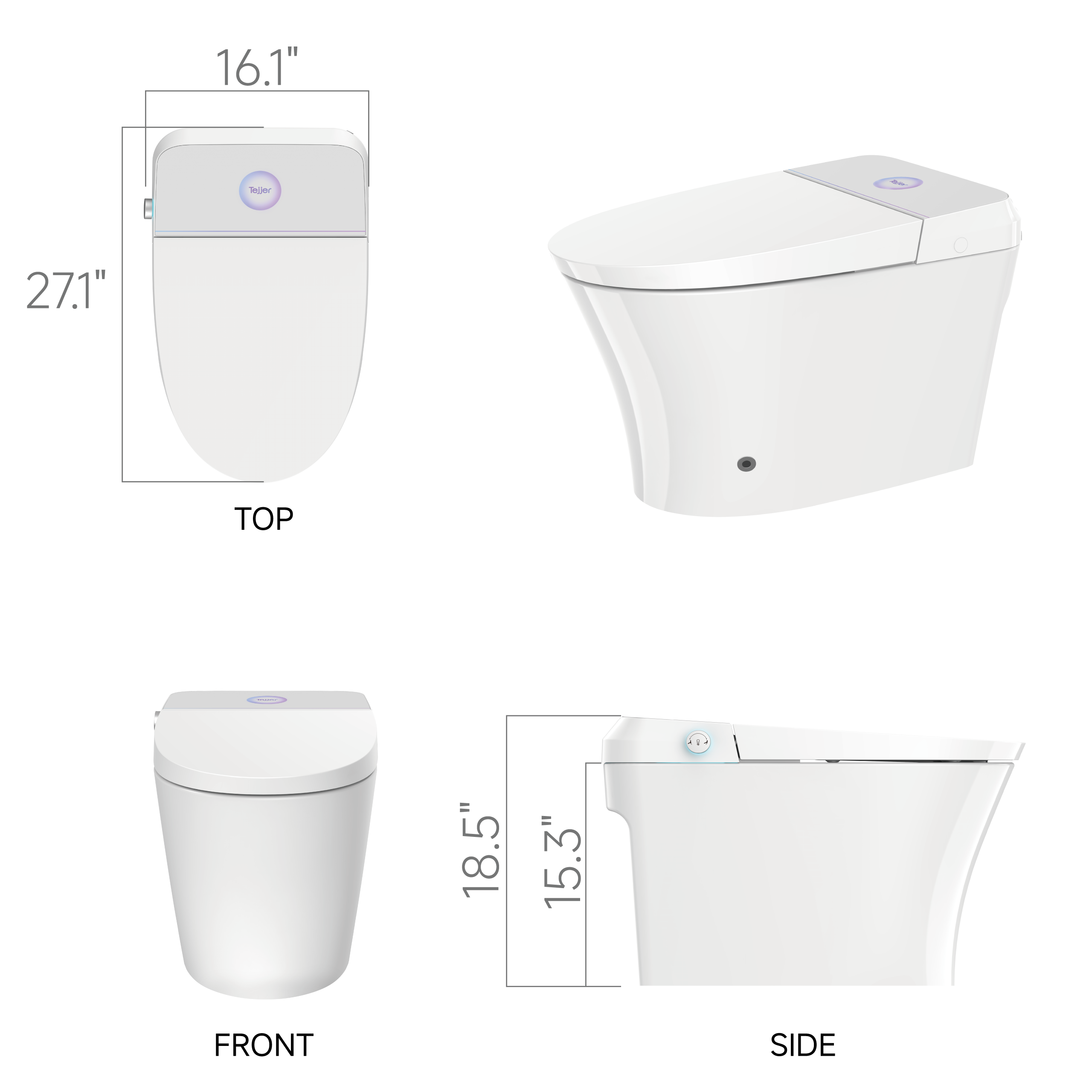 Elongated Smart Toilet Bidet in White with UV-A Sterilization, Auto Flush, Heated Seat and Remote