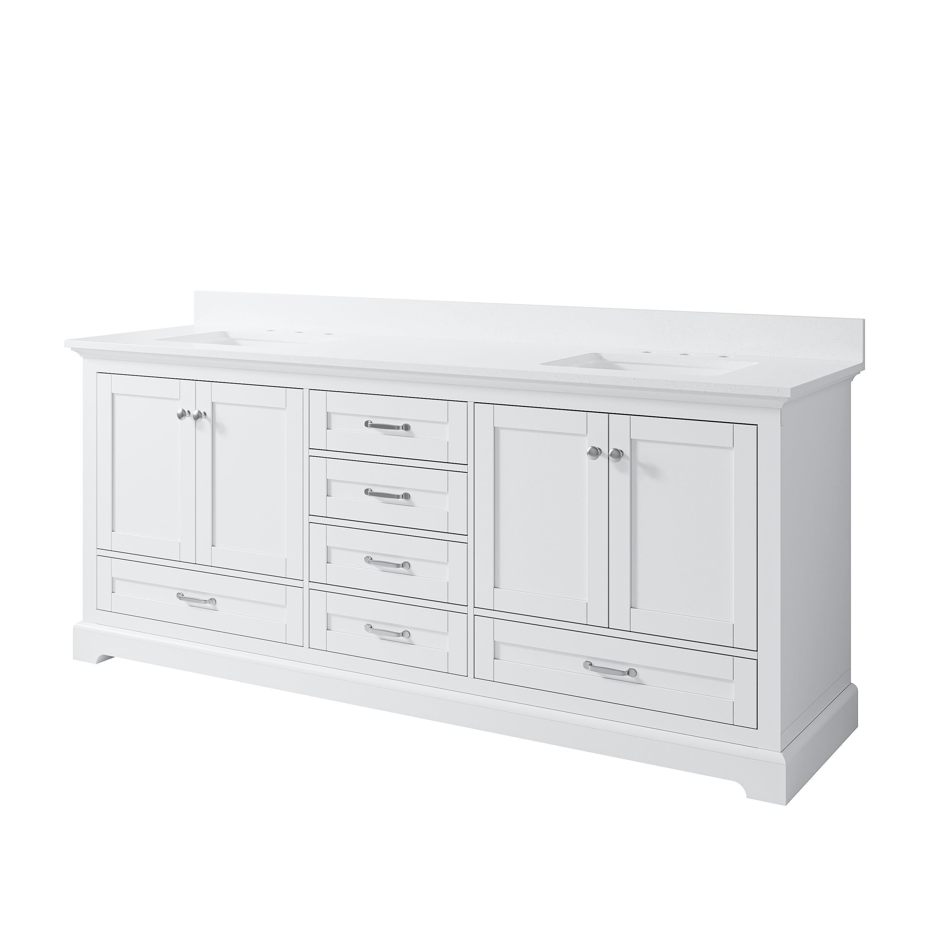 80" White Double Sink Bathroom Vanity with Solid Wood Frame, Soft Close 6 Drawers, White Cultured Marble Countertop