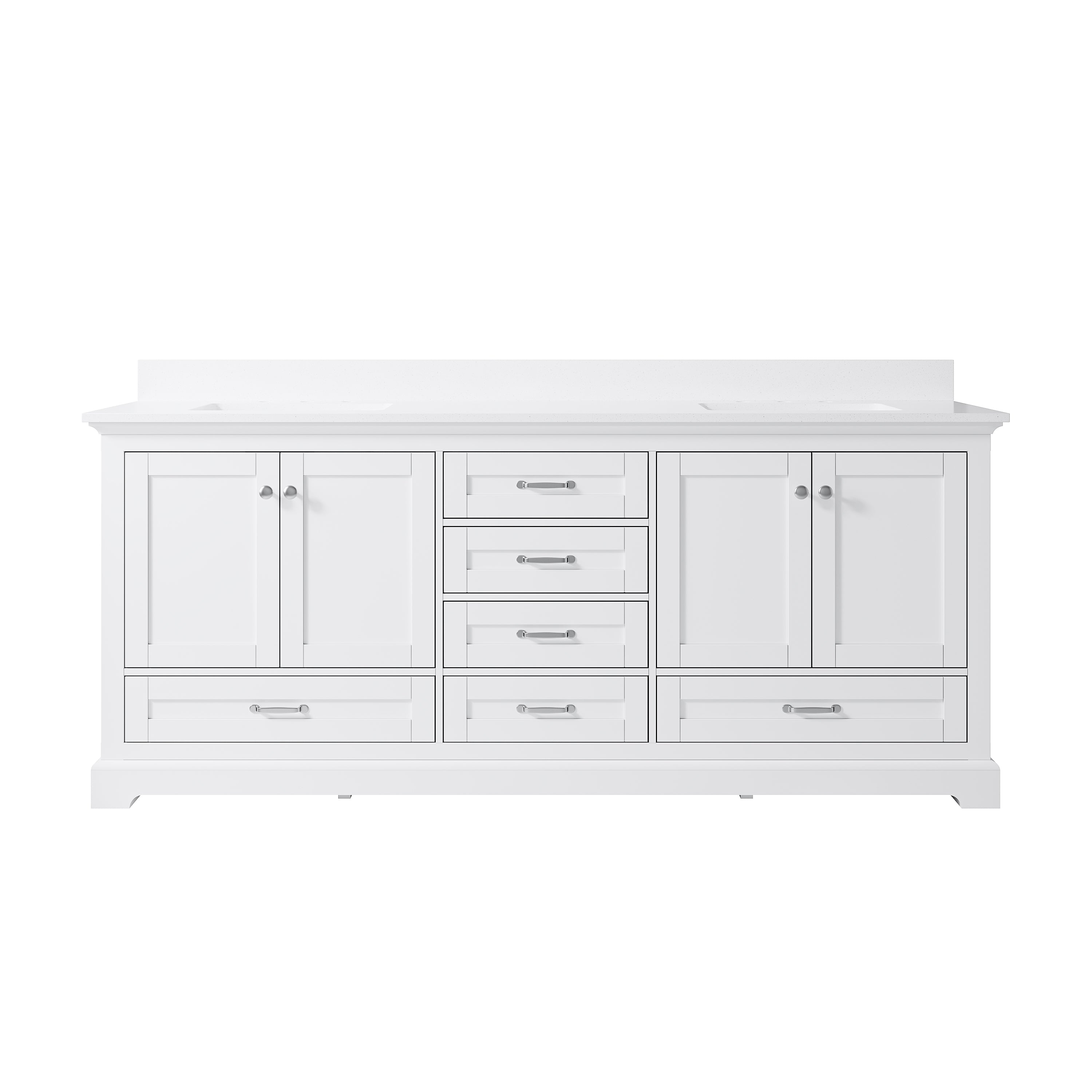 80" White Double Sink Bathroom Vanity with Solid Wood Frame, Soft Close 6 Drawers, White Cultured Marble Countertop