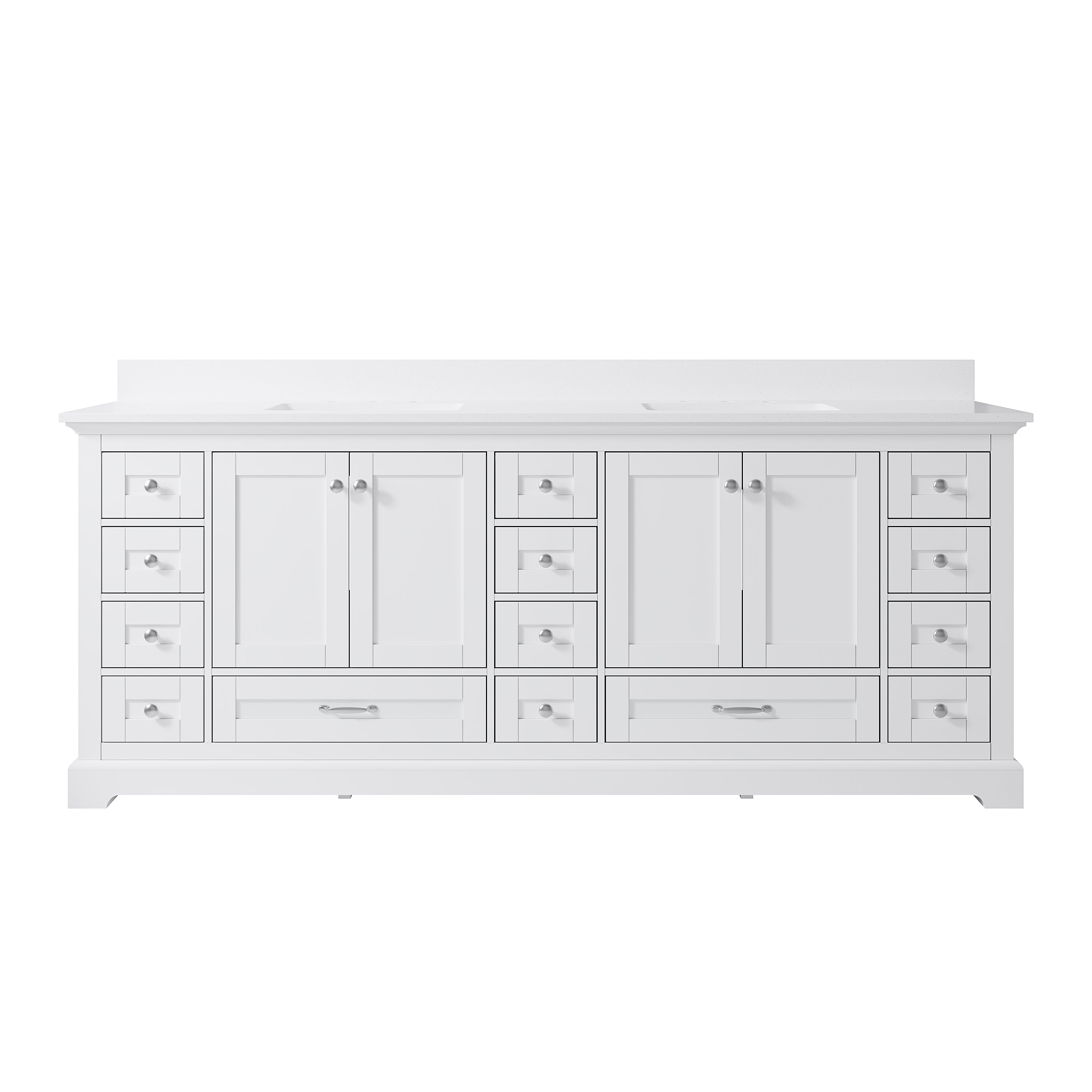 84" White Double Sink Bathroom Vanity with Solid Wood Frame, Soft Close 14 Drawers & White Cultured Marble Countertop