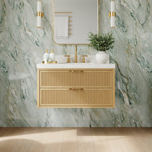36-Inch Solid Oak Floating Bathroom Vanity with Calacatta Quartz Countertop, 2 Soft-Close Fluted Drawers