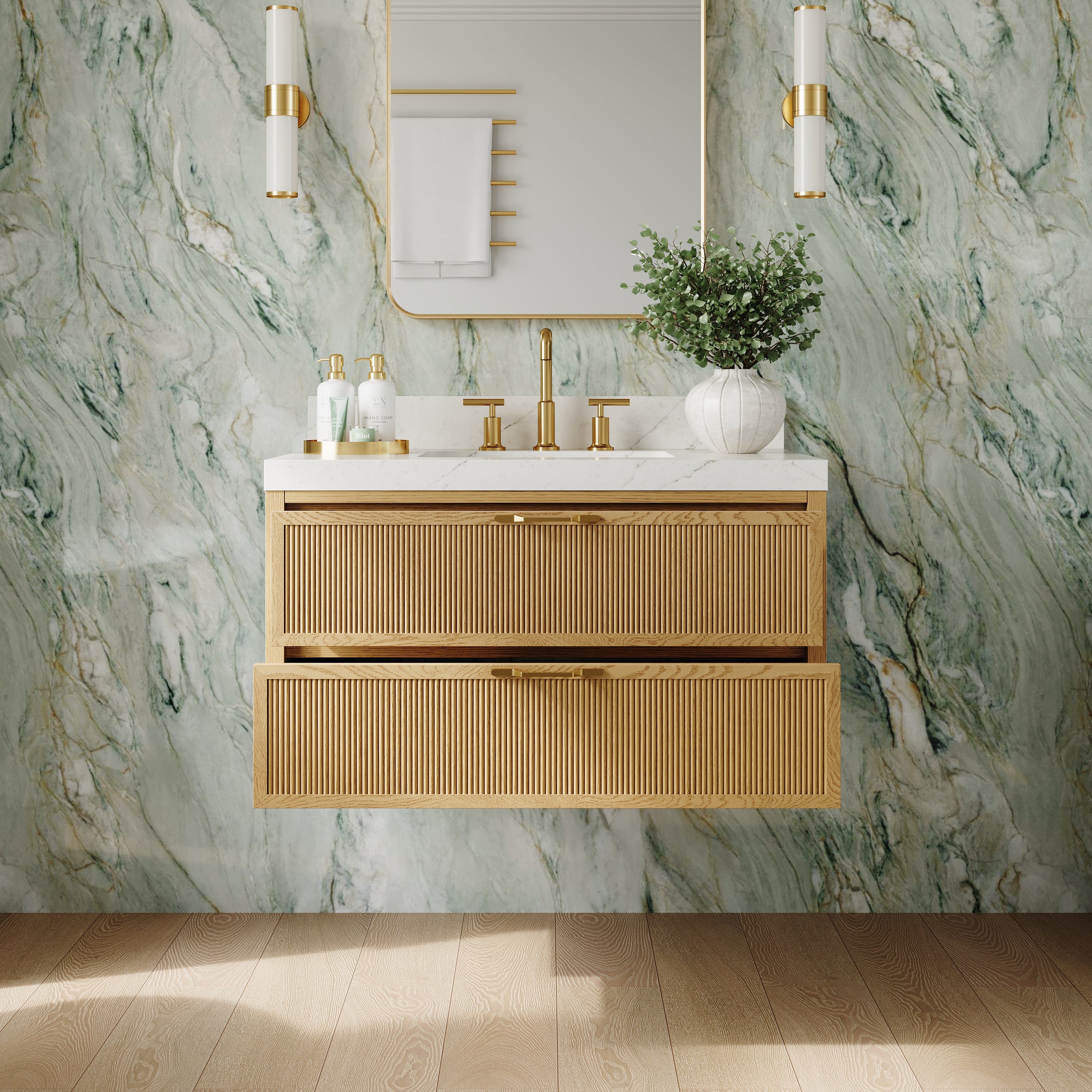 36-Inch Solid Oak Floating Bathroom Vanity with Calacatta Quartz Countertop, 2 Soft-Close Fluted Drawers