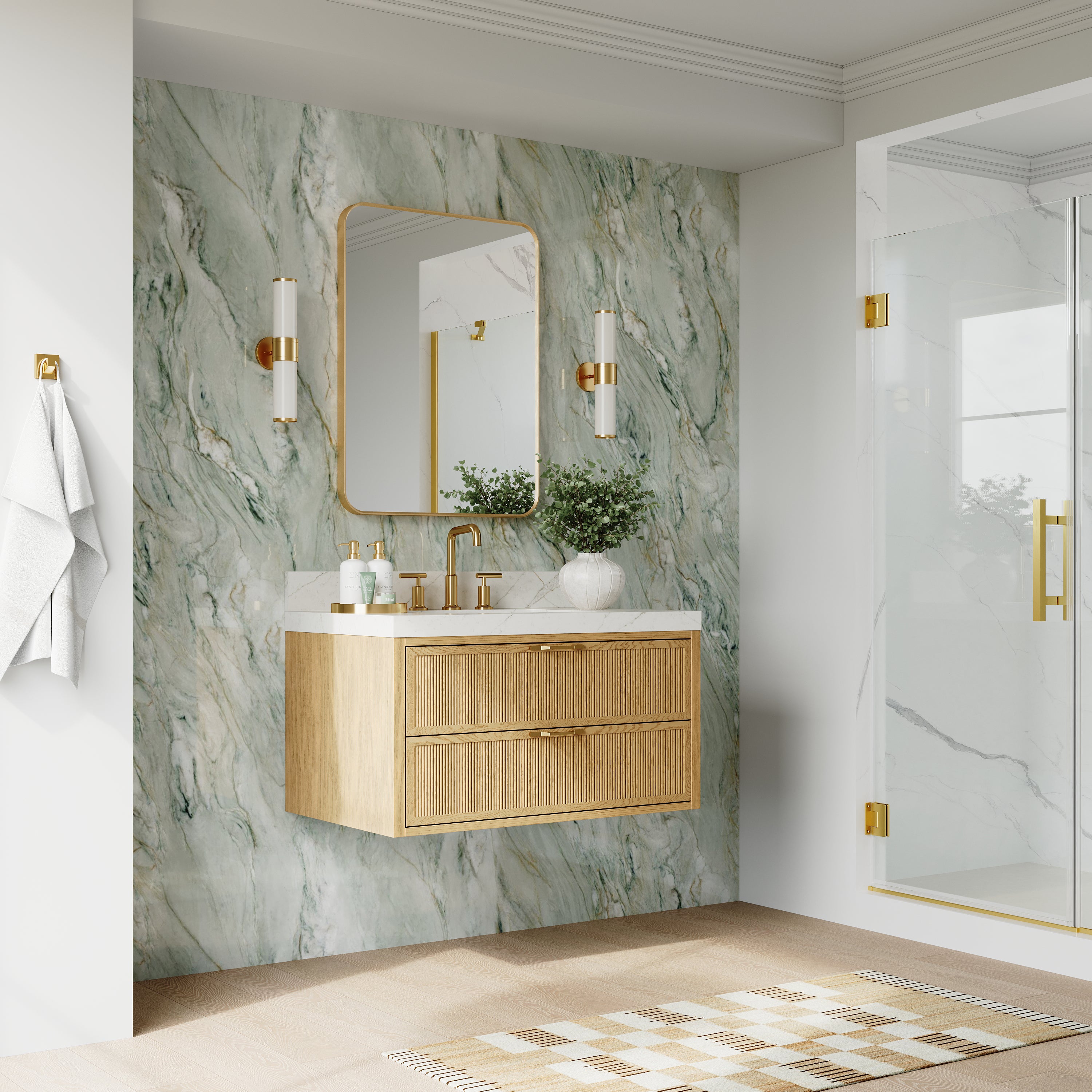 36-Inch Solid Oak Floating Bathroom Vanity with Calacatta Quartz Countertop, 2 Soft-Close Fluted Drawers