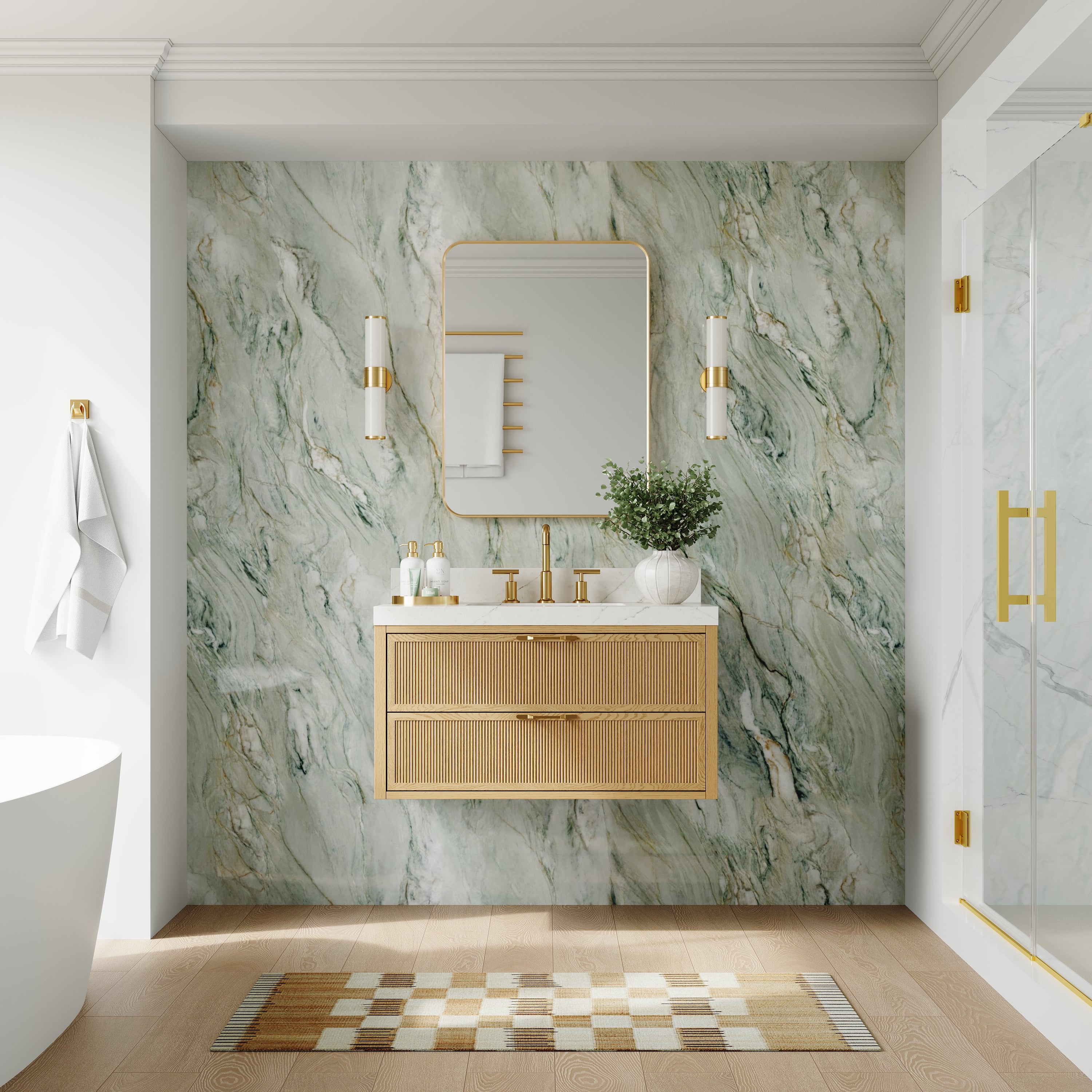 36-Inch Solid Oak Floating Bathroom Vanity with Calacatta Quartz Countertop, 2 Soft-Close Fluted Drawers