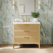 36 Inch Modern Solid Oak Bathroom Vanity with Calacatta Quartz Countertop, 3 Fluted Drawers & Brushed Gold Legs