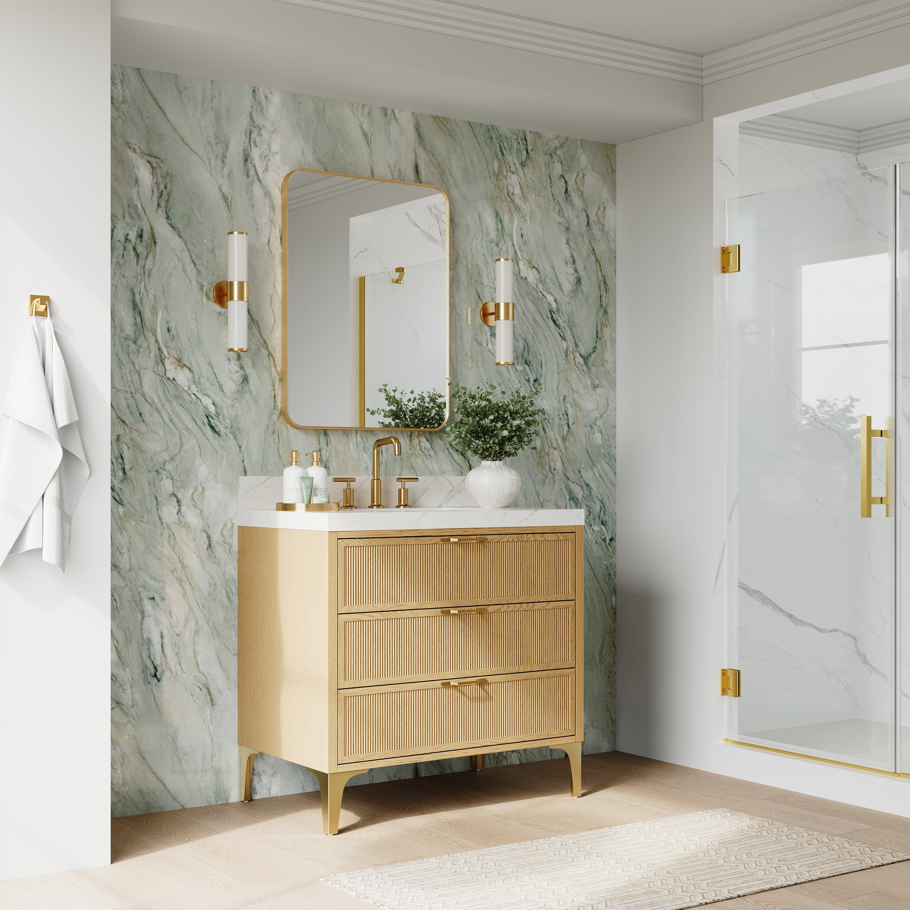 36 Inch Modern Solid Oak Bathroom Vanity with Calacatta Quartz Countertop, 3 Fluted Drawers & Brushed Gold Legs