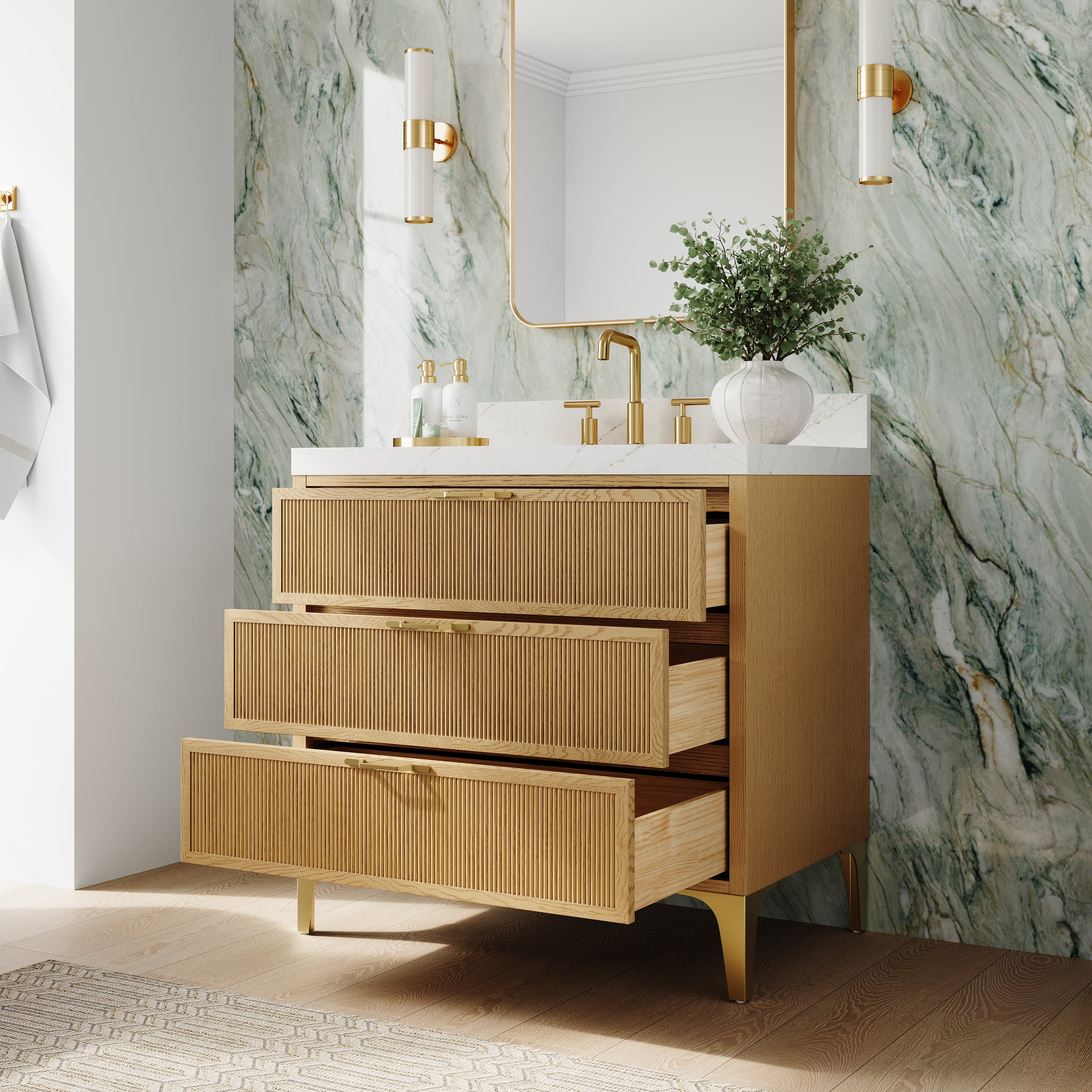 36 Inch Modern Solid Oak Bathroom Vanity with Calacatta Quartz Countertop, 3 Fluted Drawers & Brushed Gold Legs