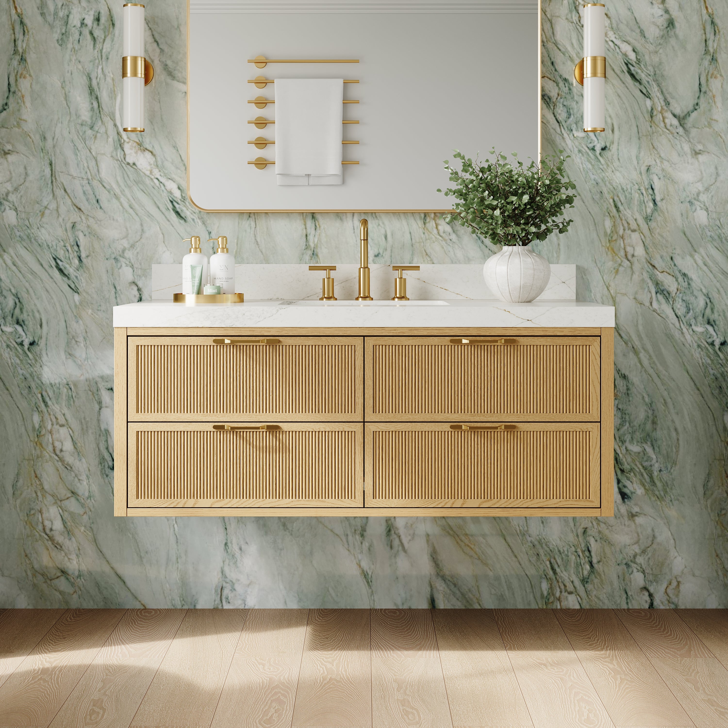 48-Inch Solid Oak Floating Bathroom Vanity with Calacatta Quartz Countertop, 4 Soft-Close Fluted Drawers