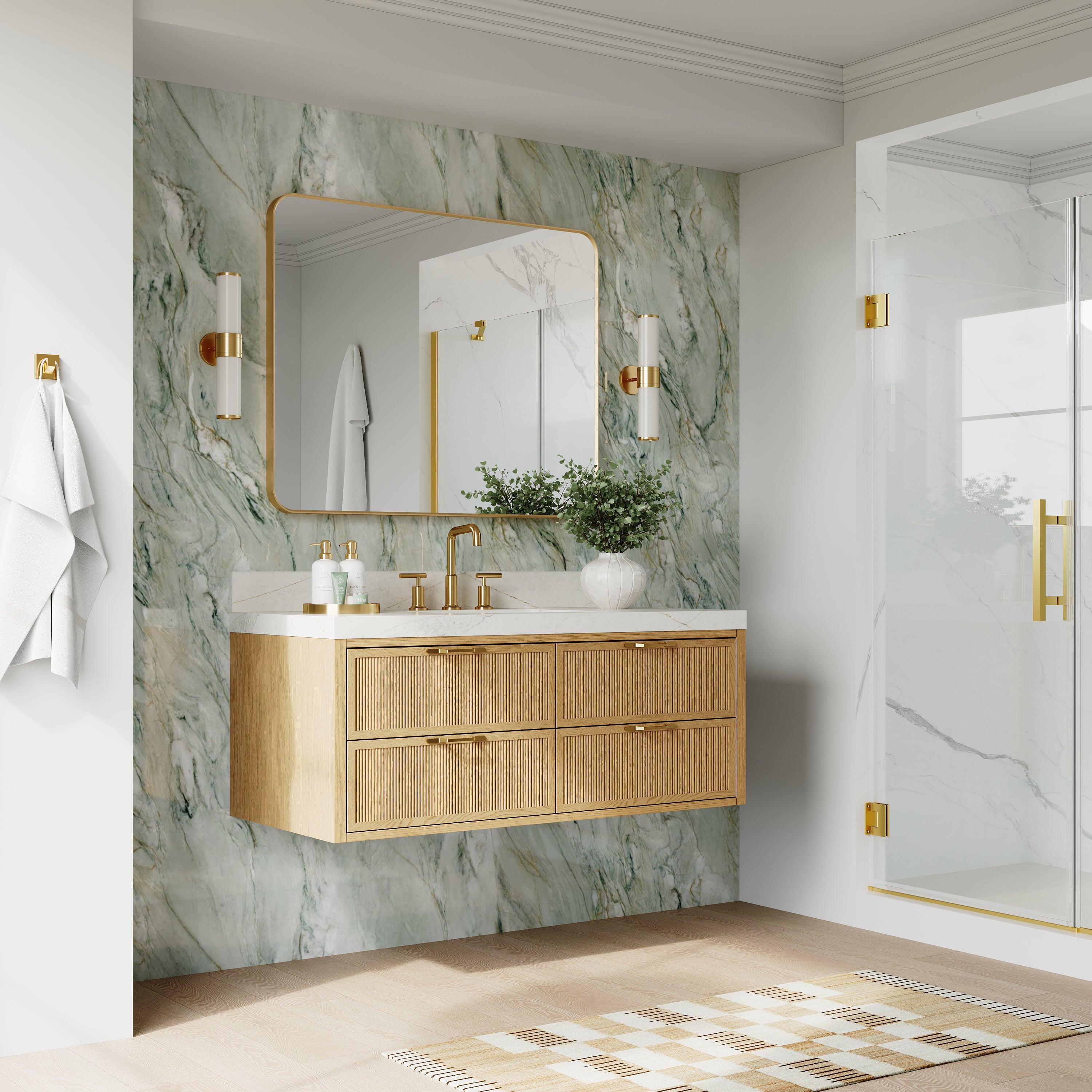 48-Inch Solid Oak Floating Bathroom Vanity with Calacatta Quartz Countertop, 4 Soft-Close Fluted Drawers