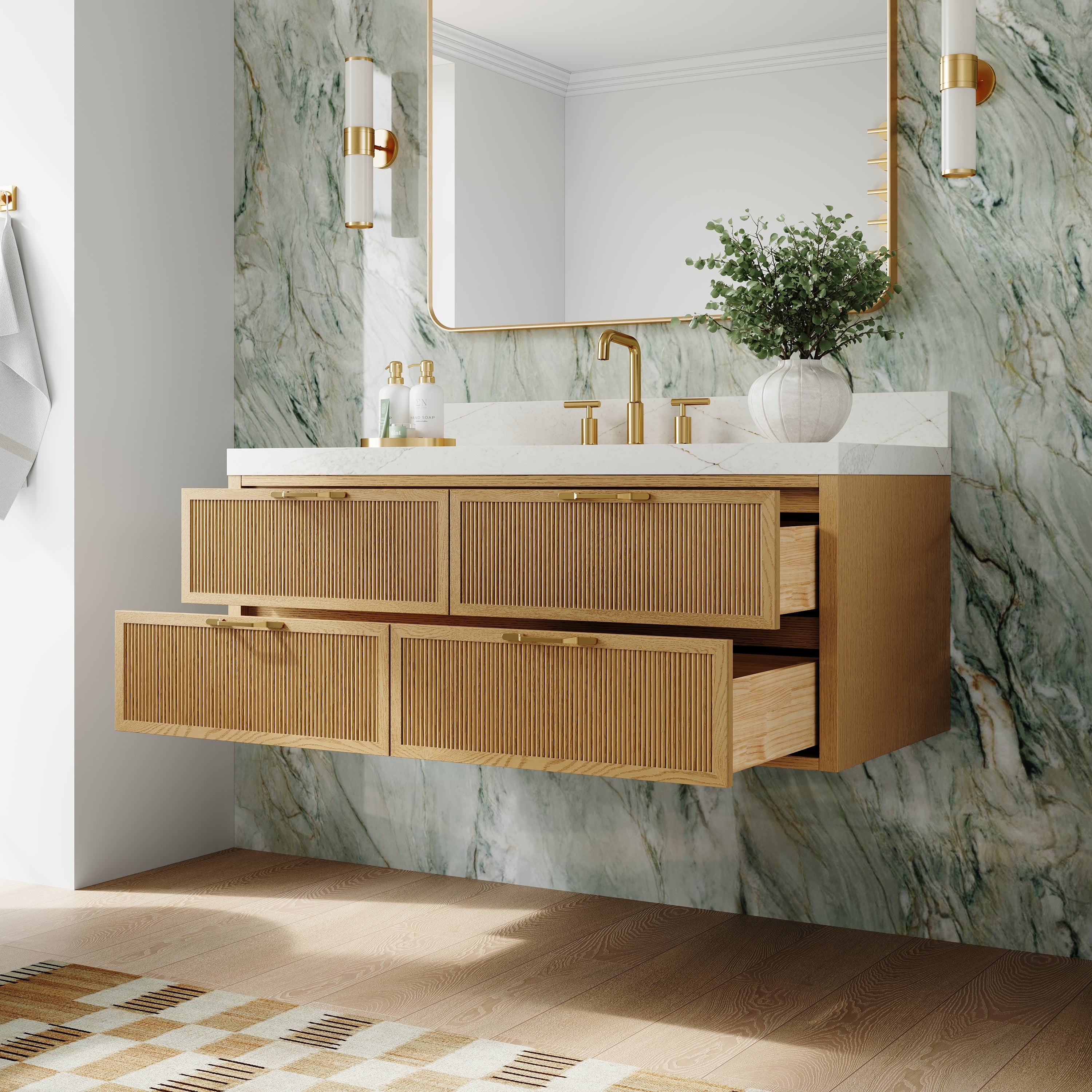 48-Inch Solid Oak Floating Bathroom Vanity with Calacatta Quartz Countertop, 4 Soft-Close Fluted Drawers