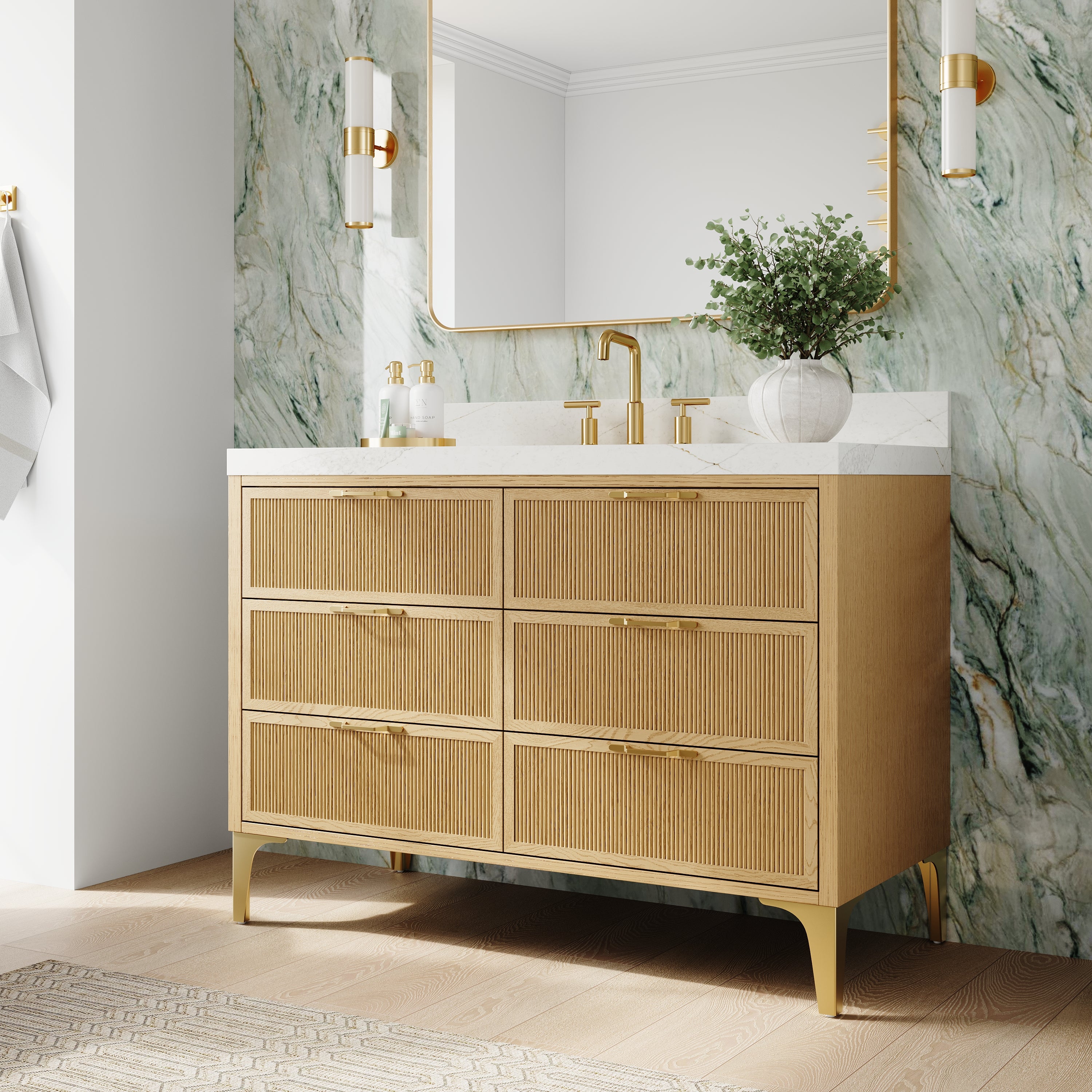 48 Inch Modern Solid Oak Bathroom Vanity with Calacatta Quartz Countertop, 6 Fluted Drawers & Brushed Gold Legs