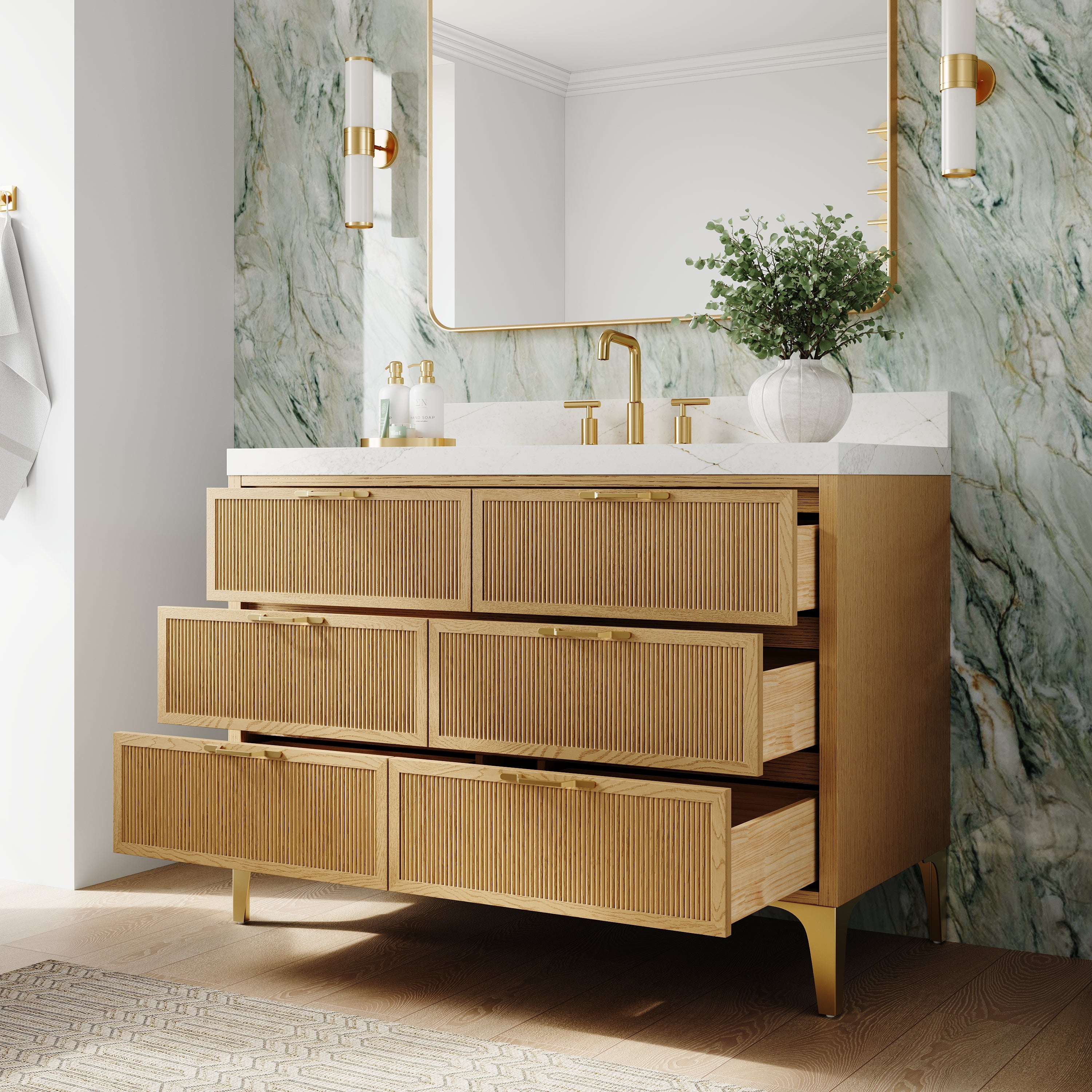 48 Inch Modern Solid Oak Bathroom Vanity with Calacatta Quartz Countertop, 6 Fluted Drawers & Brushed Gold Legs
