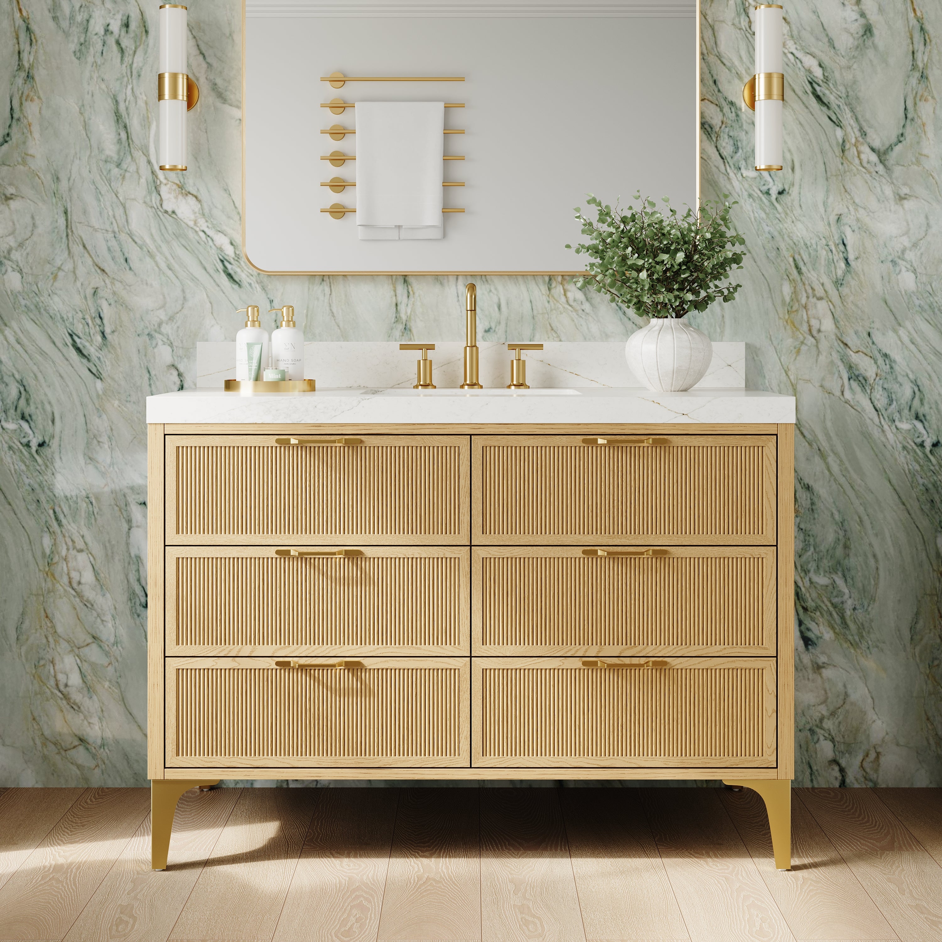 48 Inch Modern Solid Oak Bathroom Vanity with Calacatta Quartz Countertop, 6 Fluted Drawers & Brushed Gold Legs
