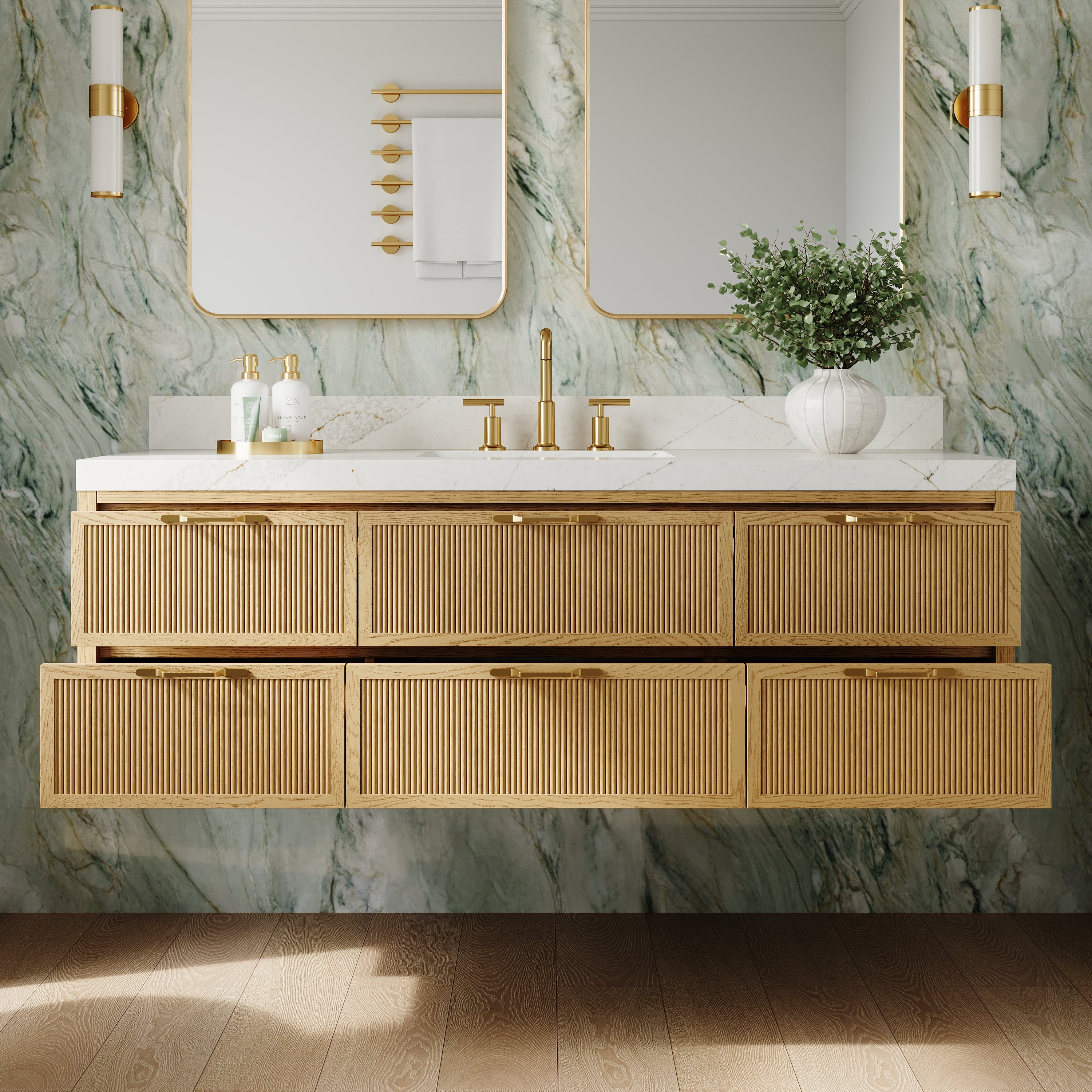 60-Inch Solid Oak Floating Bathroom Vanity with Calacatta Quartz Countertop, 6 Soft-Close Fluted Drawers