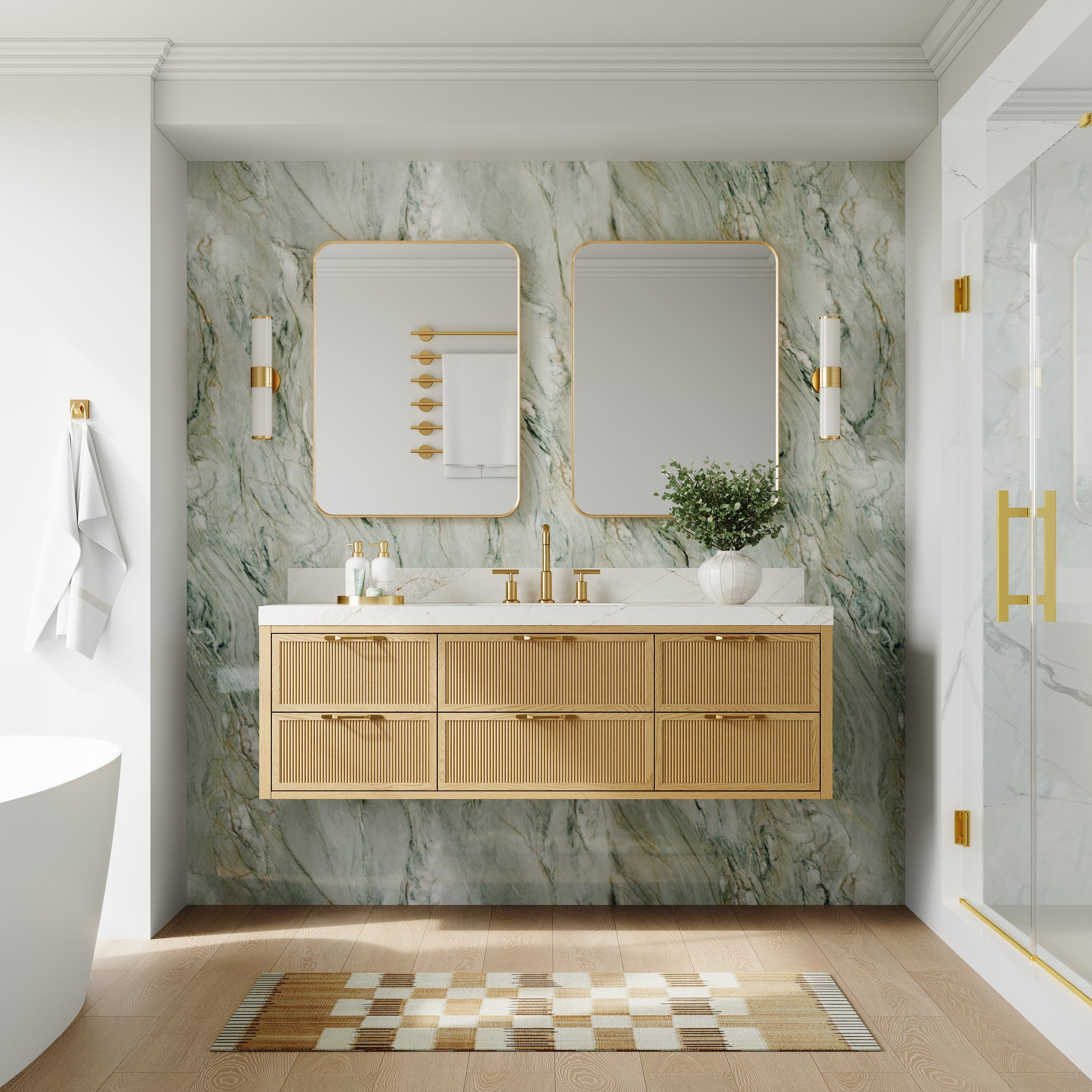 60-Inch Solid Oak Floating Bathroom Vanity with Calacatta Quartz Countertop, 6 Soft-Close Fluted Drawers