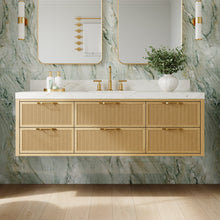60-Inch Solid Oak Floating Bathroom Vanity with Calacatta Quartz Countertop, 6 Soft-Close Fluted Drawers