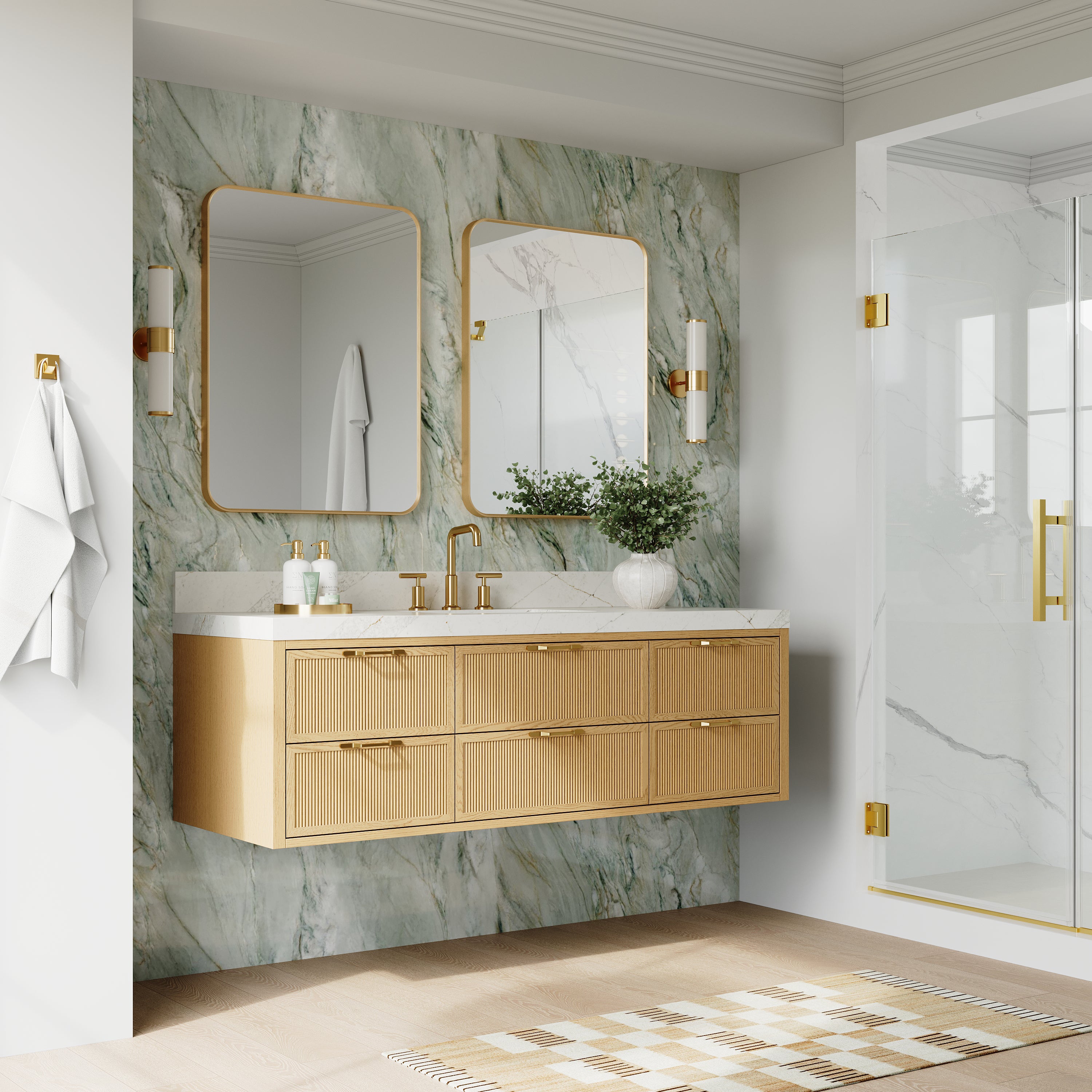 60-Inch Solid Oak Floating Bathroom Vanity with Calacatta Quartz Countertop, 6 Soft-Close Fluted Drawers
