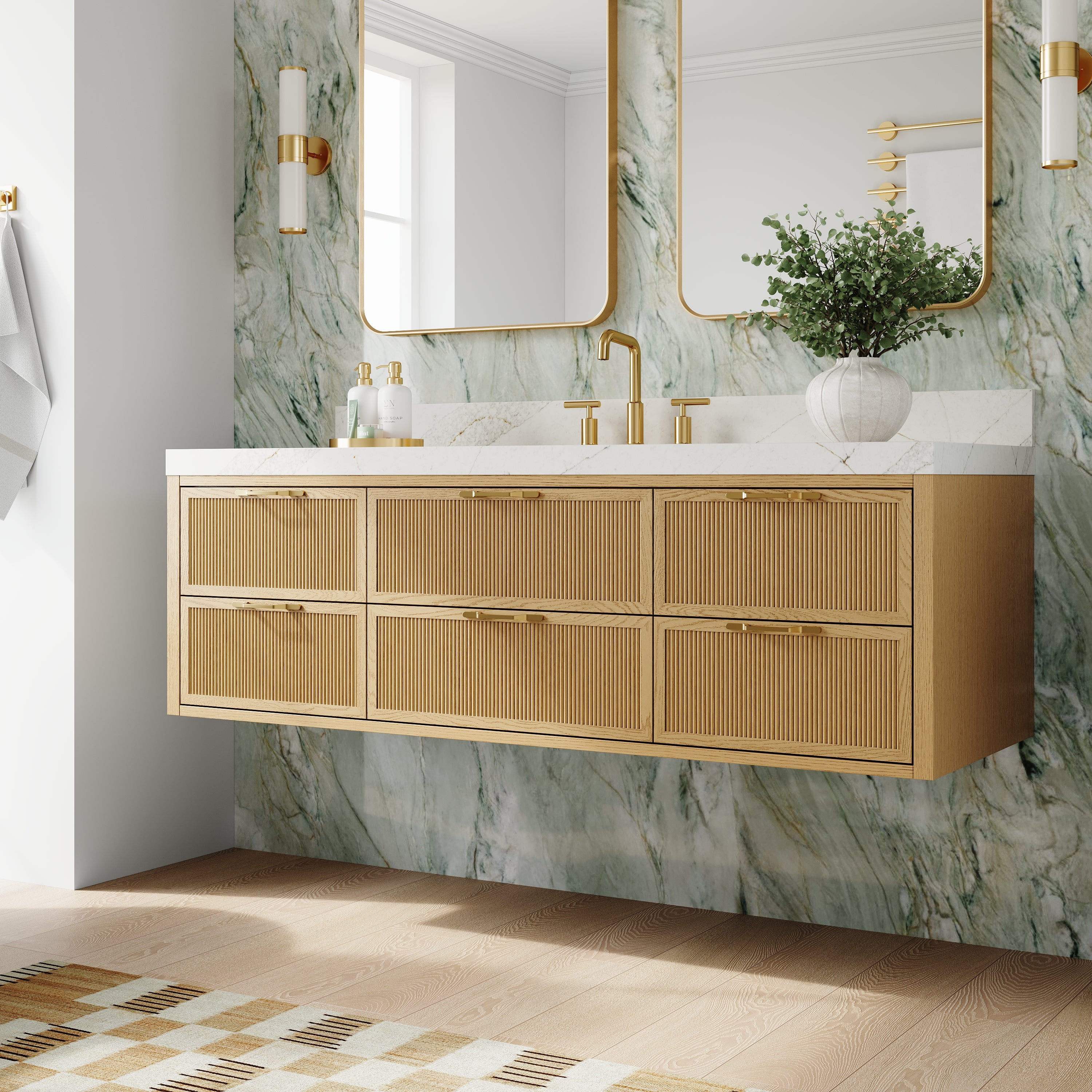 60-Inch Solid Oak Floating Bathroom Vanity with Calacatta Quartz Countertop, 6 Soft-Close Fluted Drawers
