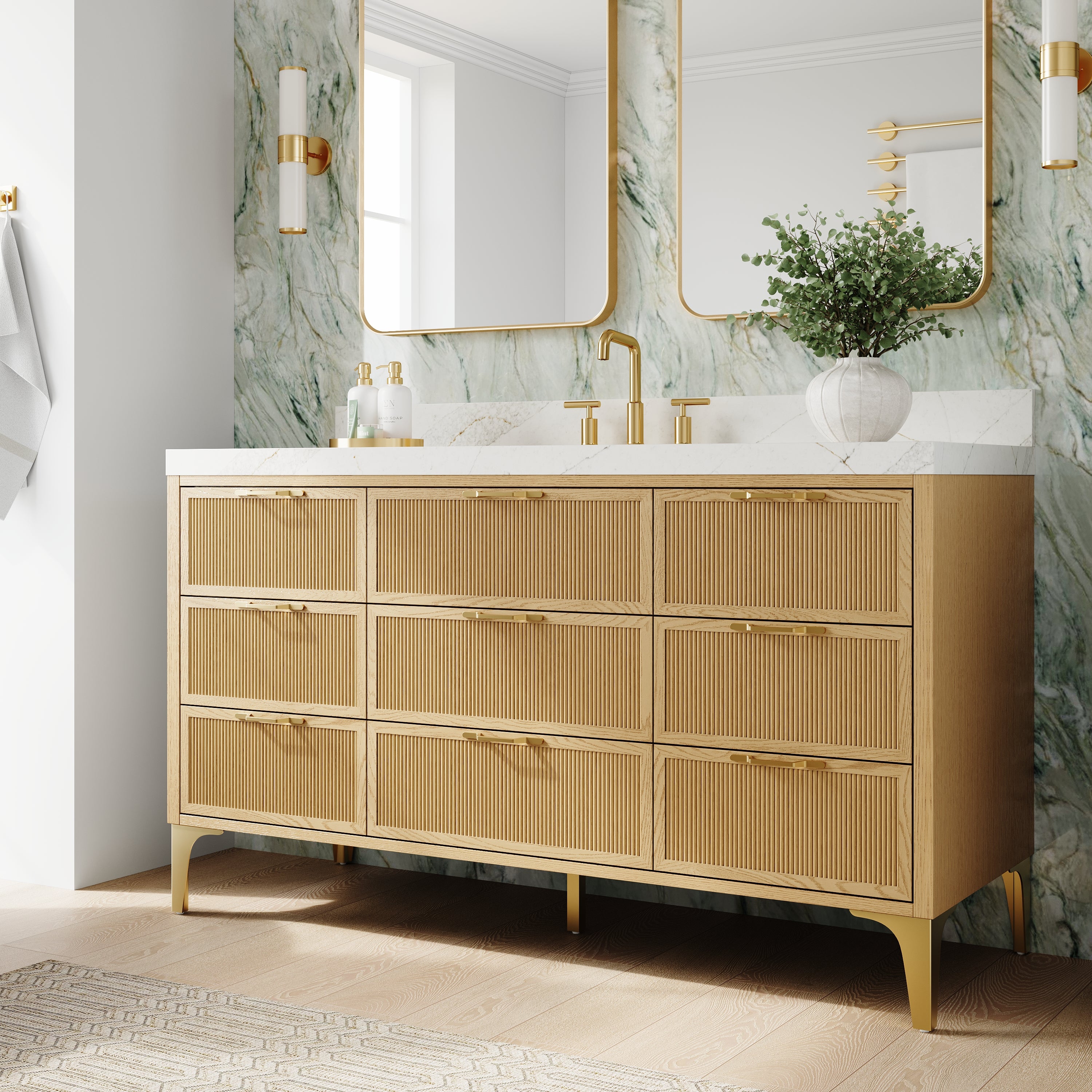 60 Inch Modern Solid Oak Bathroom Vanity with Calacatta Quartz Countertop, 9 Fluted Drawers & Brushed Gold Legs