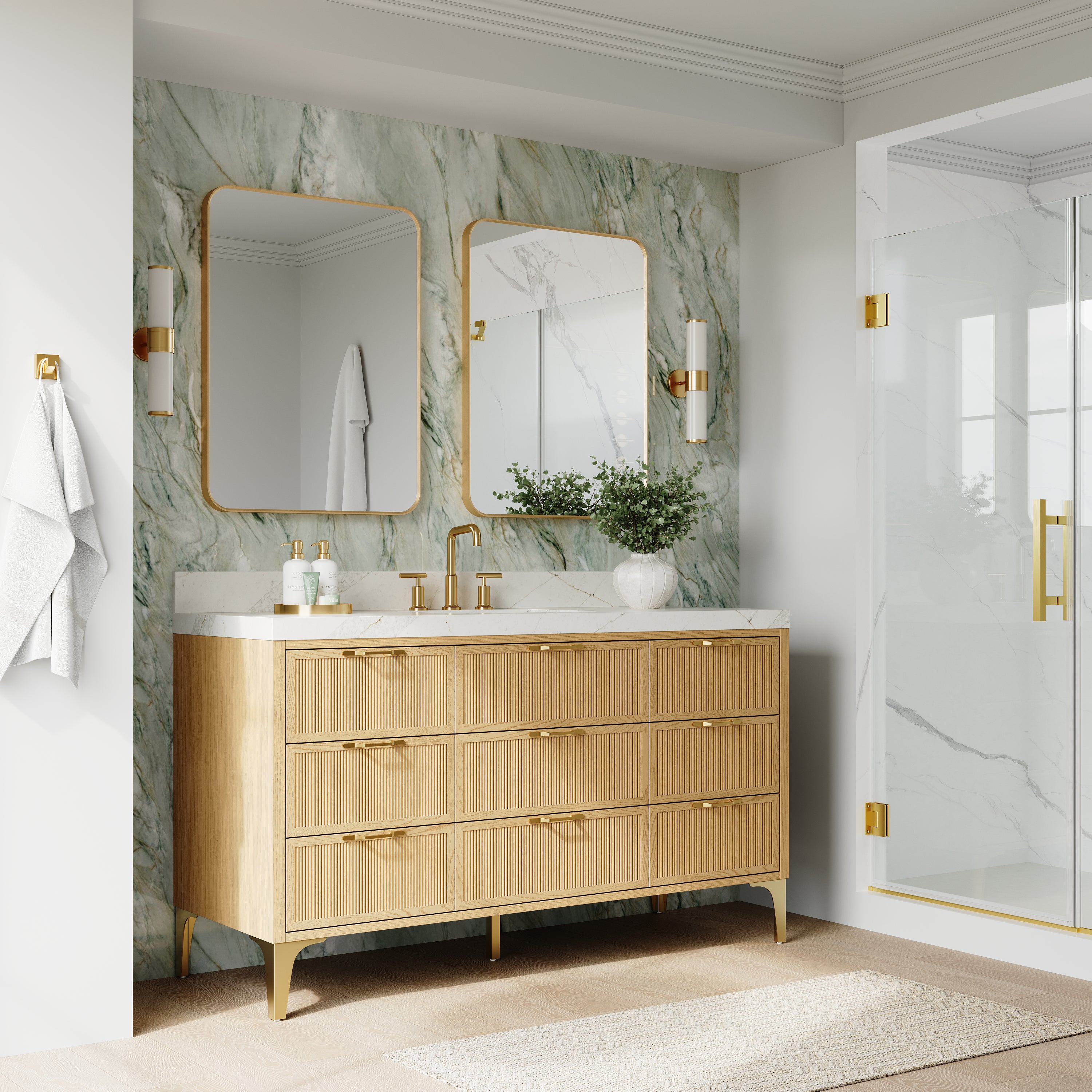 60 Inch Modern Solid Oak Bathroom Vanity with Calacatta Quartz Countertop, 9 Fluted Drawers & Brushed Gold Legs