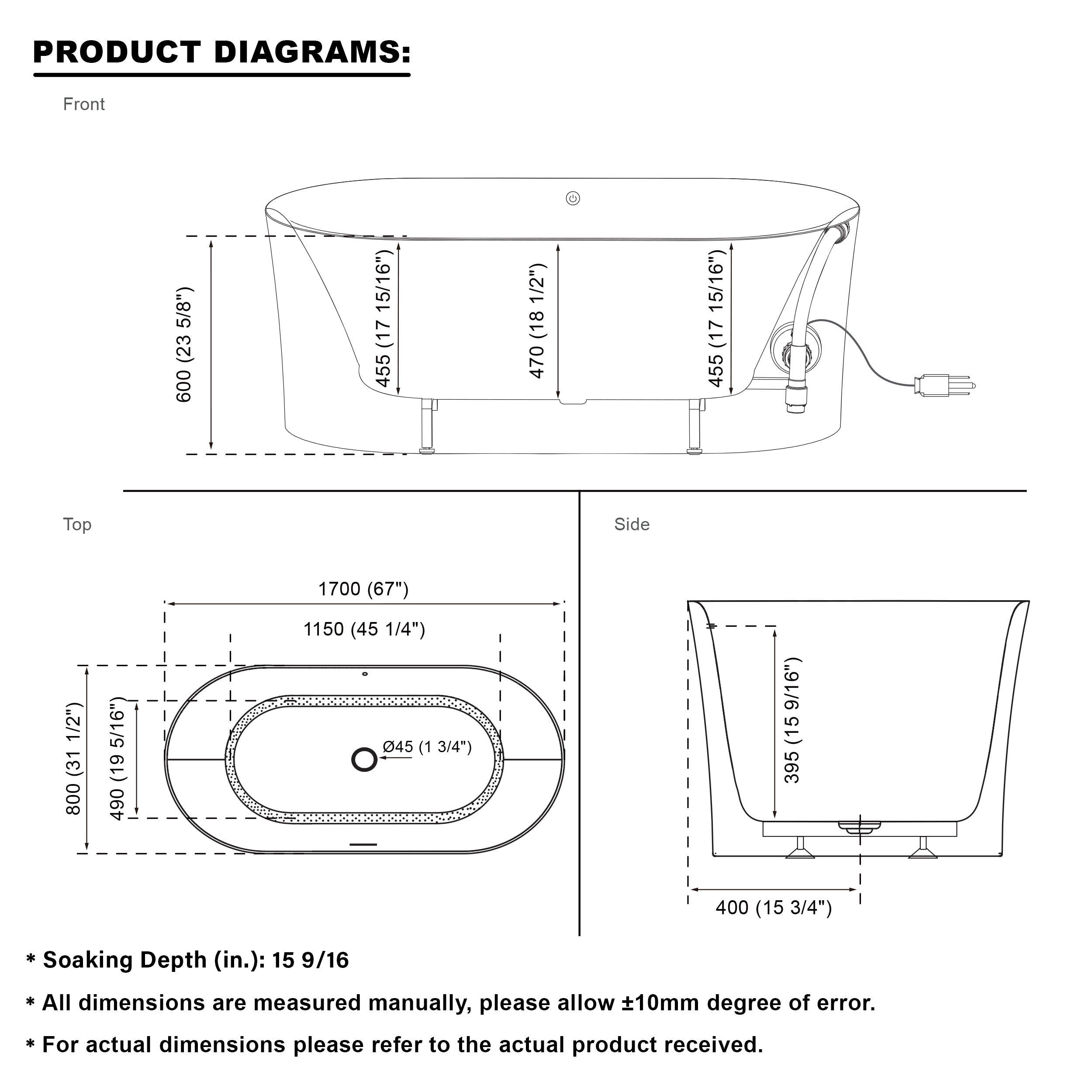 67" Luxury Acrylic Freestanding Soaking Bathtub in White with Air Bubble Massage and Romantic LED Lighting