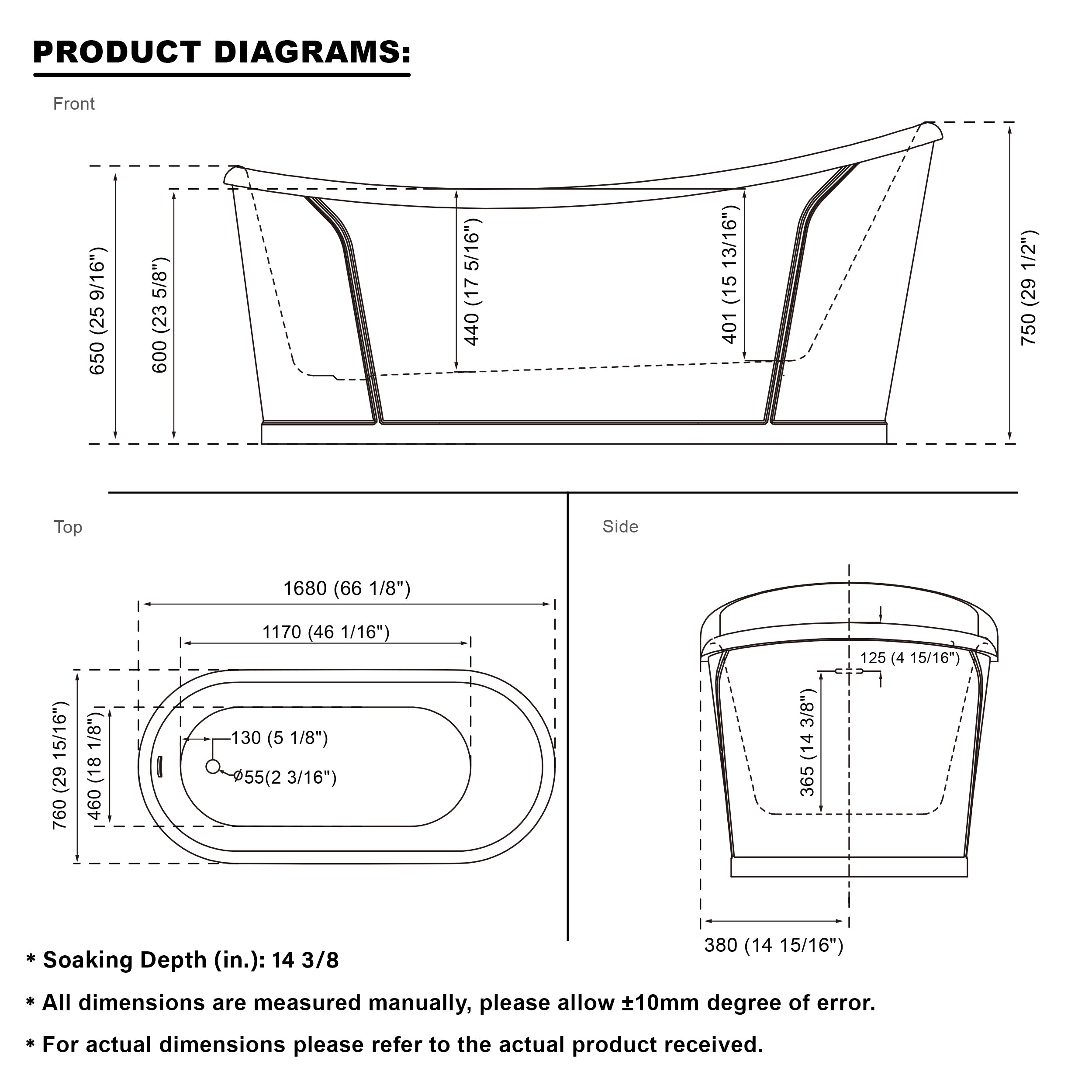 66" White Acrylic Freestanding Bathtub with Integrated Slotted Overflow