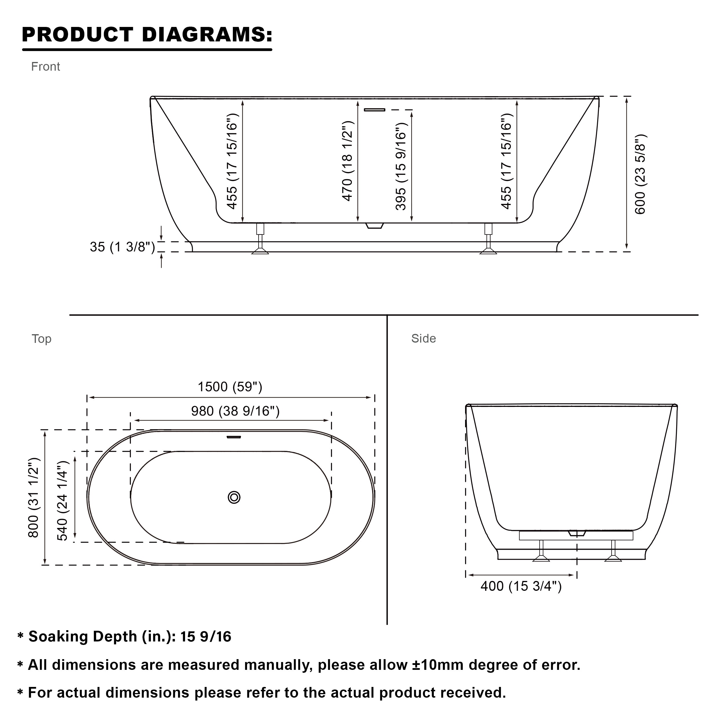 59" Acrylic Freestanding Soaking Bathtub in White with Overflow and Drain