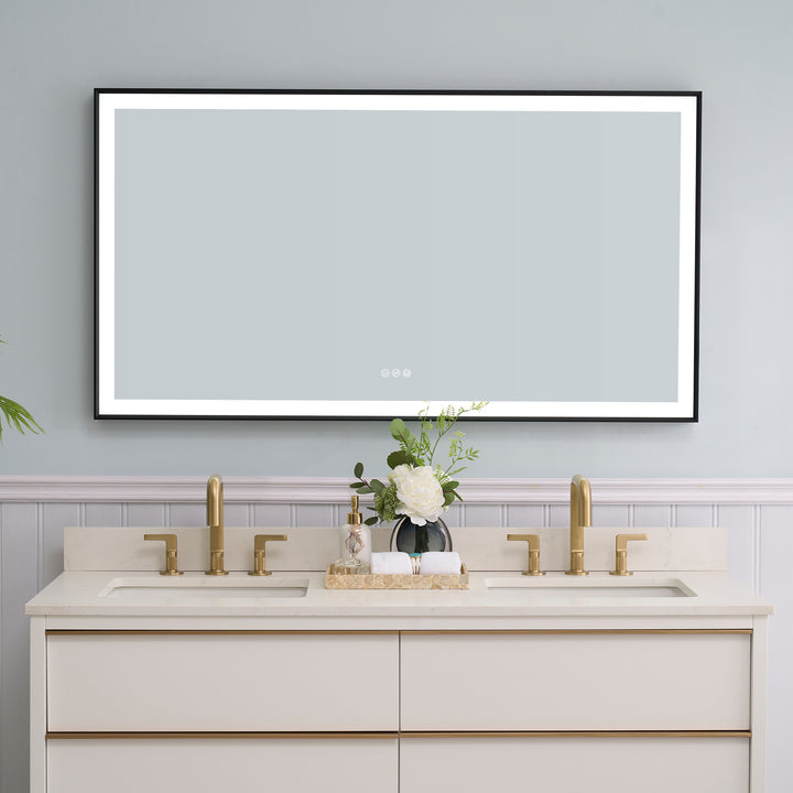 55 in. W x 30 in. H Rectangular Aluminum Framed LED Wall Mount Anti-Fog Modern Decorative Bathroom Vanity Mirror in Matte Black