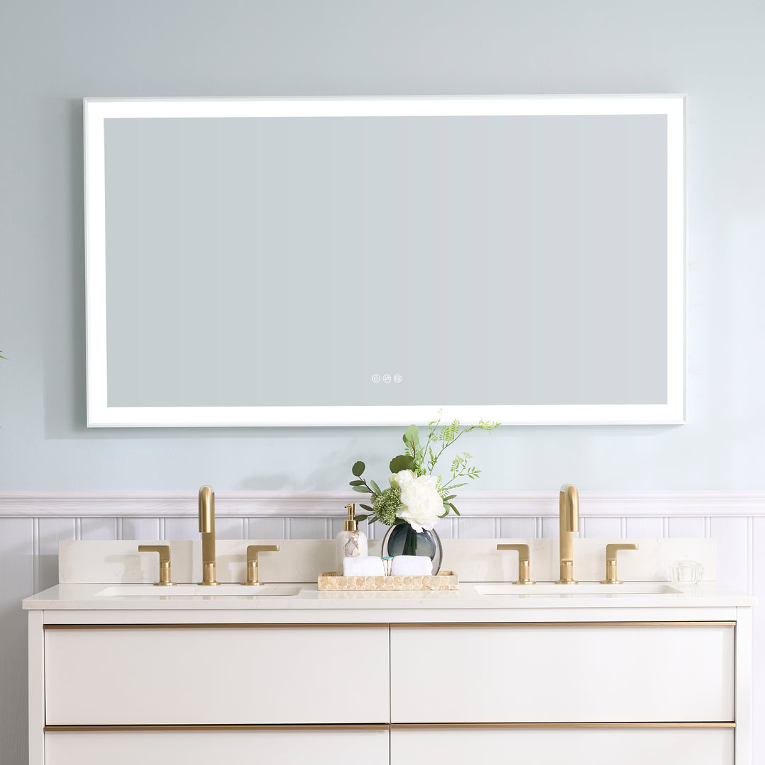 55 in. W x 30 in. H Rectangular Aluminum Framed LED Wall Mount Anti-Fog Modern Decorative Bathroom Vanity Mirror in White