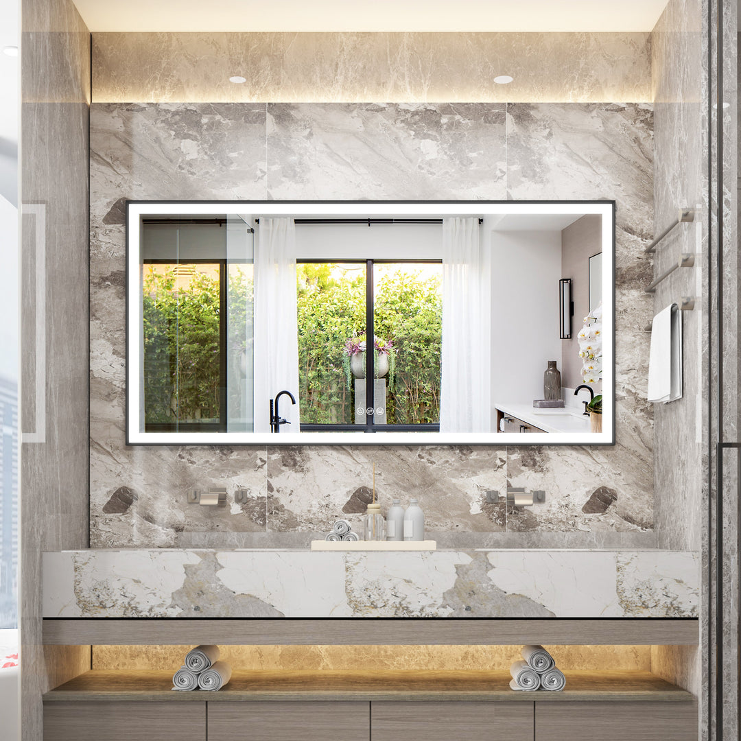 72 in. W x 36 in. H Rectangular Aluminum Framed LED Wall Mount Anti-Fog Modern Decorative Bathroom Vanity Mirror in Matte Black