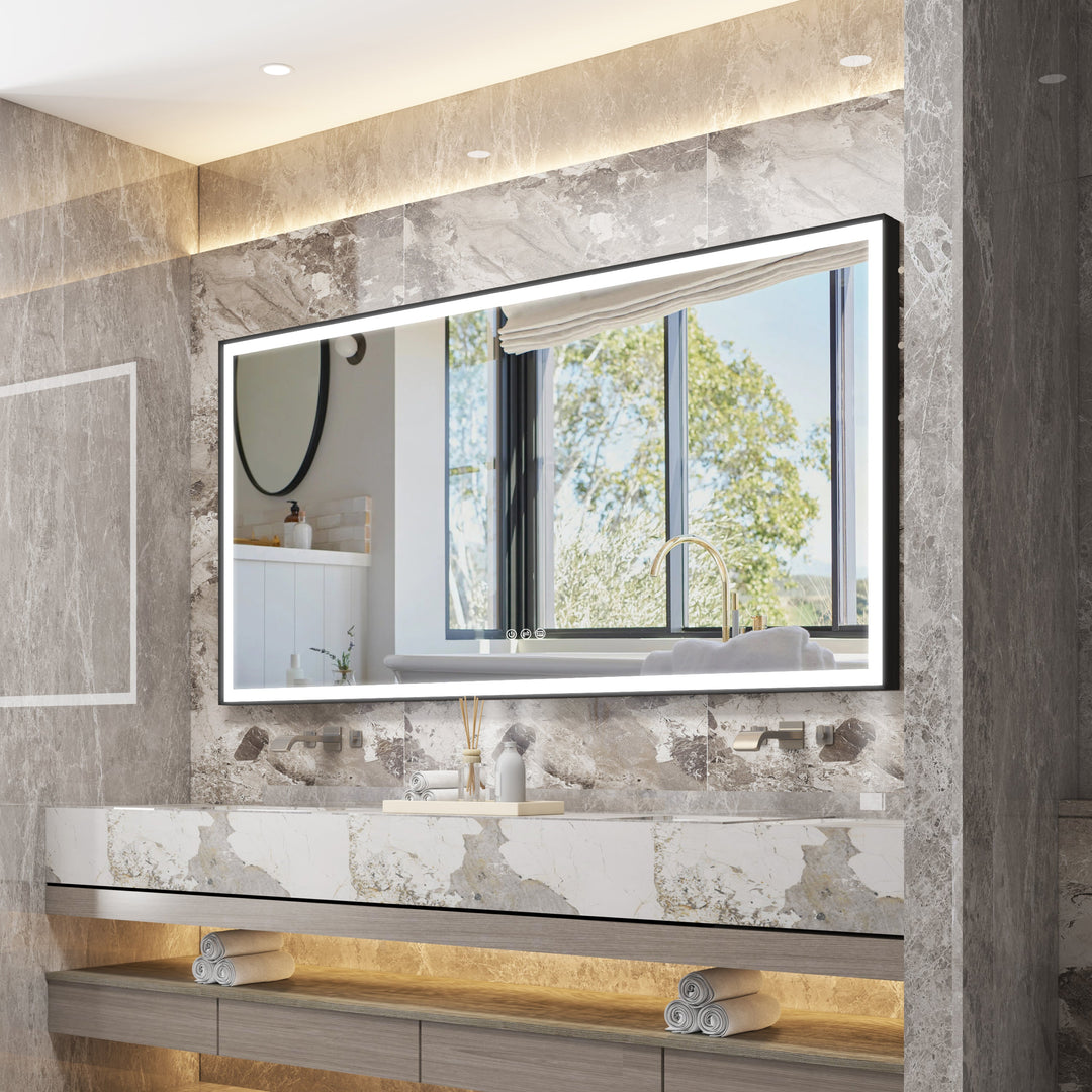 84 in. W x 42 in. H Rectangular Aluminum Framed LED Wall Mount Anti-Fog Modern Decorative Bathroom Vanity Mirror in Matte Black