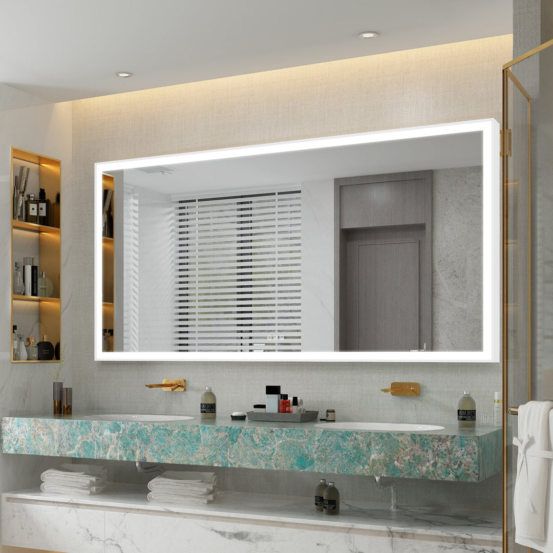 84 in. W x 42 in. H Rectangular Aluminum Framed LED Wall Mount Anti-Fog Modern Decorative Bathroom Vanity Mirror in White