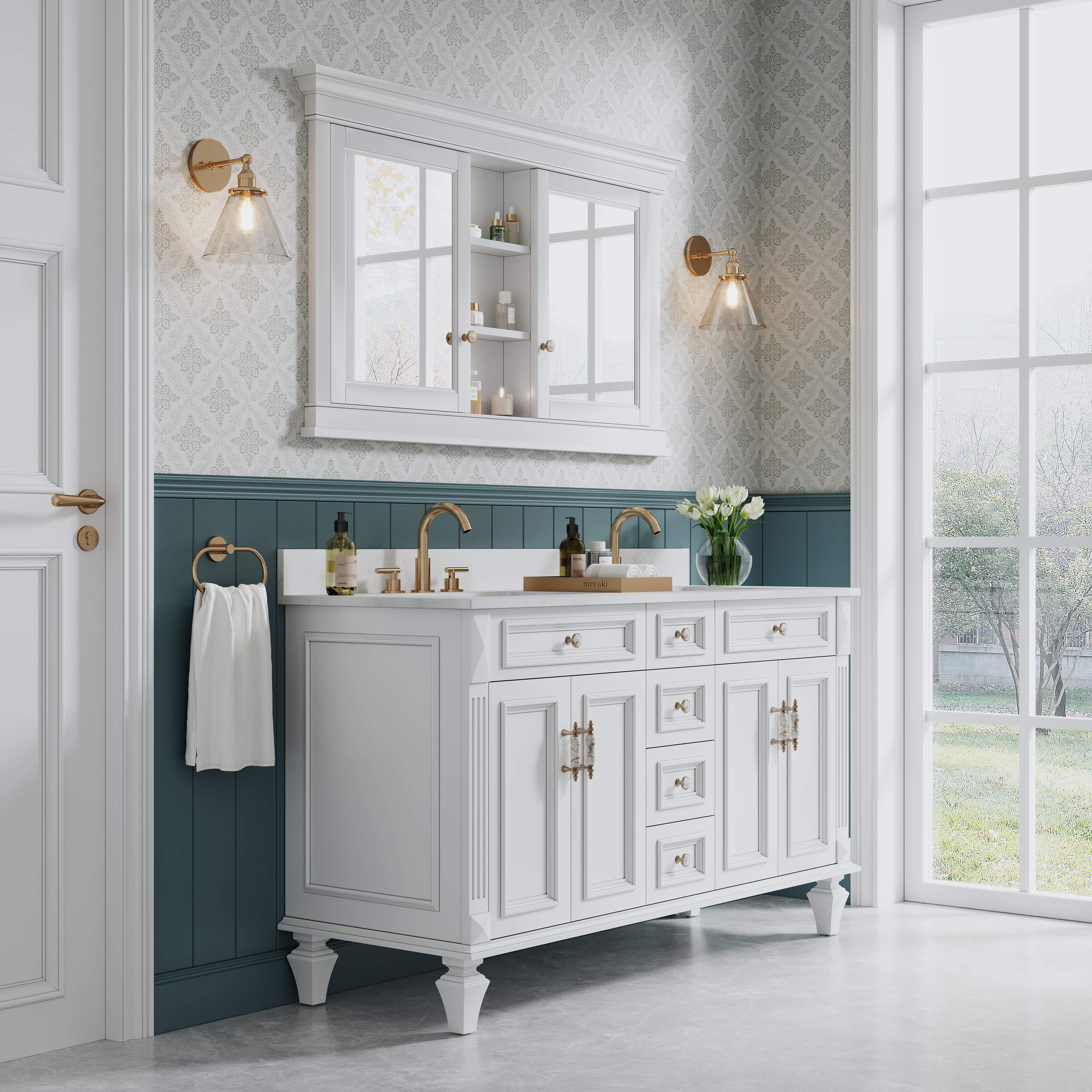 55 in.  W x 32 in.  H White Recessed installation Bathroom Medicine Wood Cabinet with Mirror