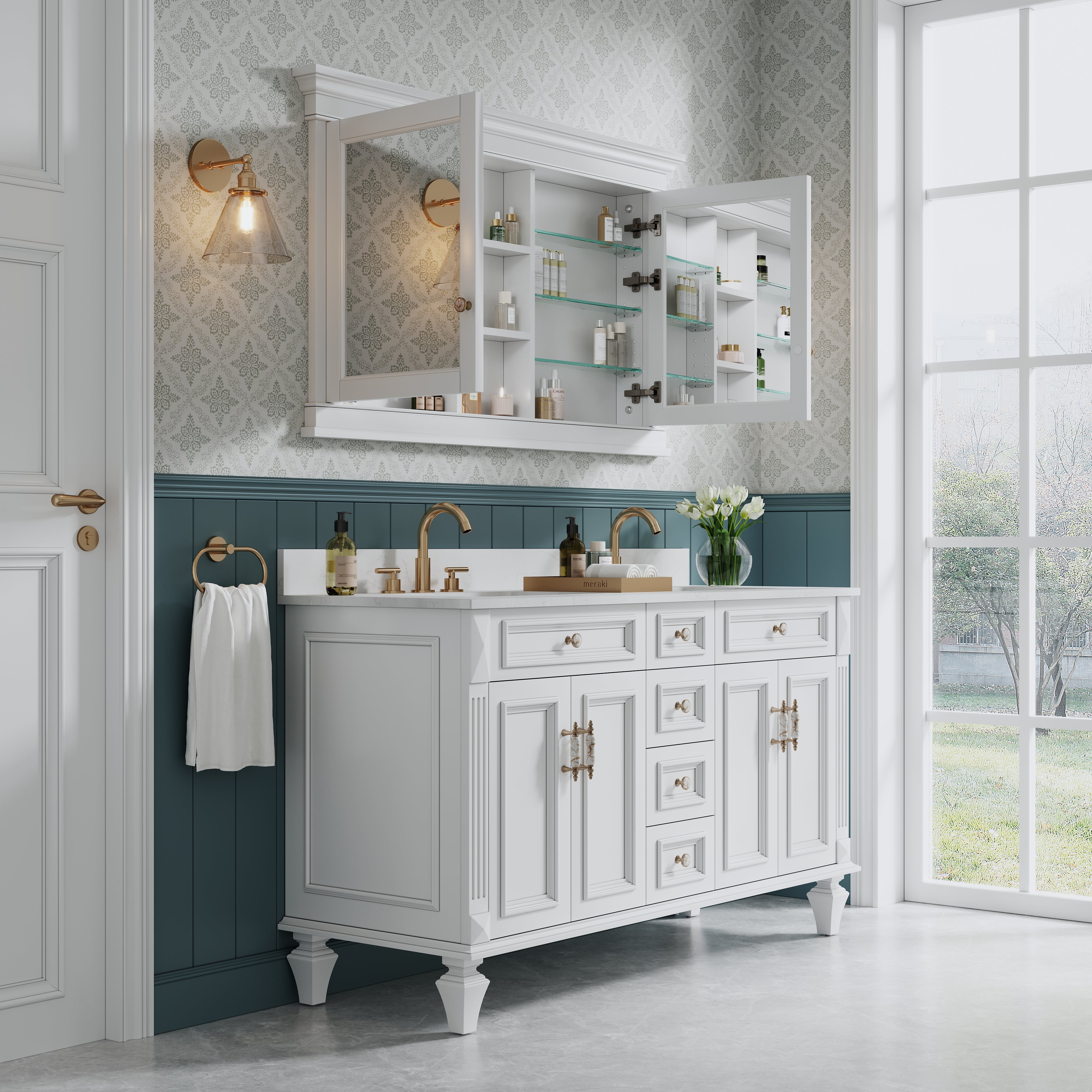 55 in.  W x 32 in.  H White Recessed installation Bathroom Medicine Wood Cabinet with Mirror