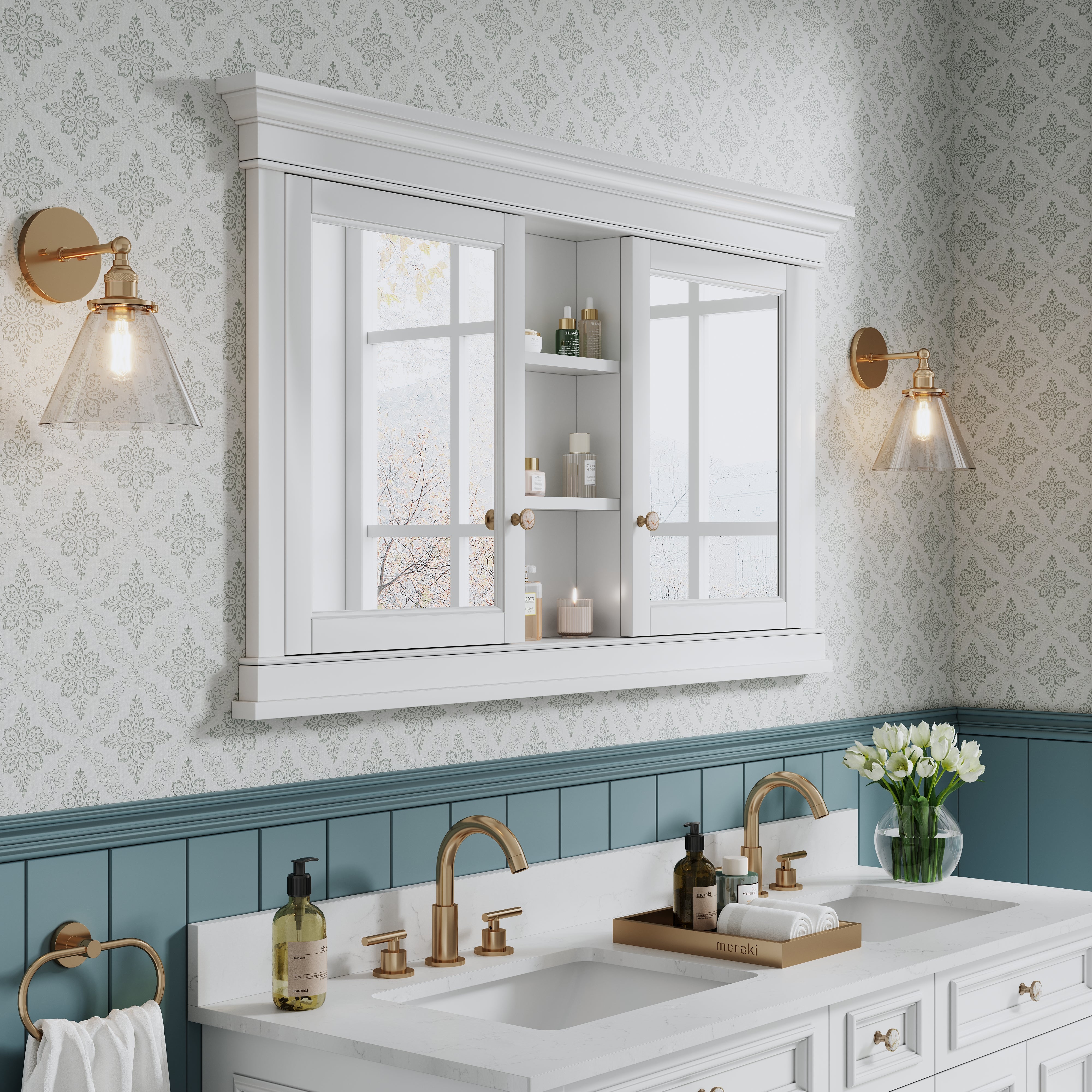 55 in.  W x 32 in.  H White Recessed installation Bathroom Medicine Wood Cabinet with Mirror