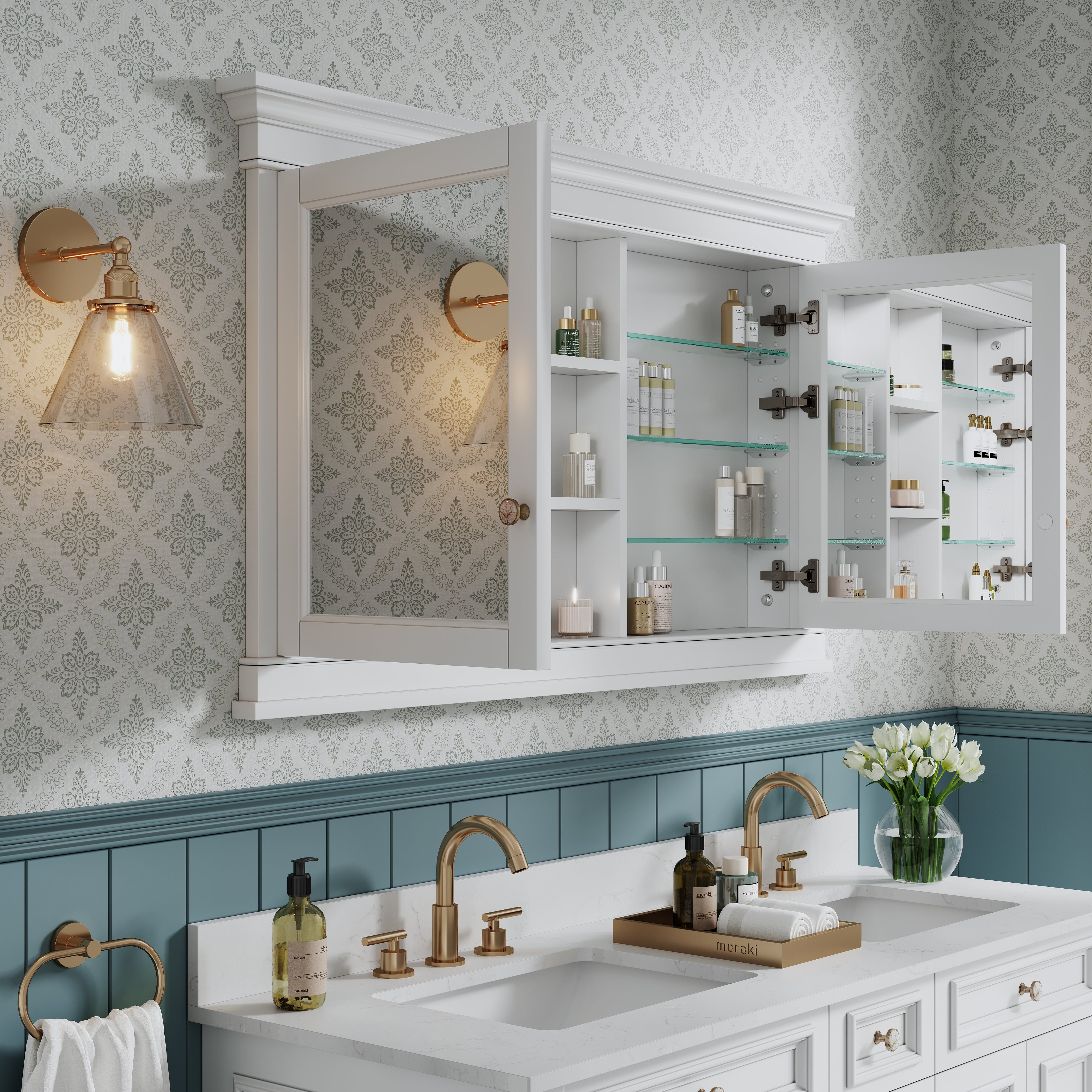 55 in.  W x 32 in.  H White Recessed installation Bathroom Medicine Wood Cabinet with Mirror