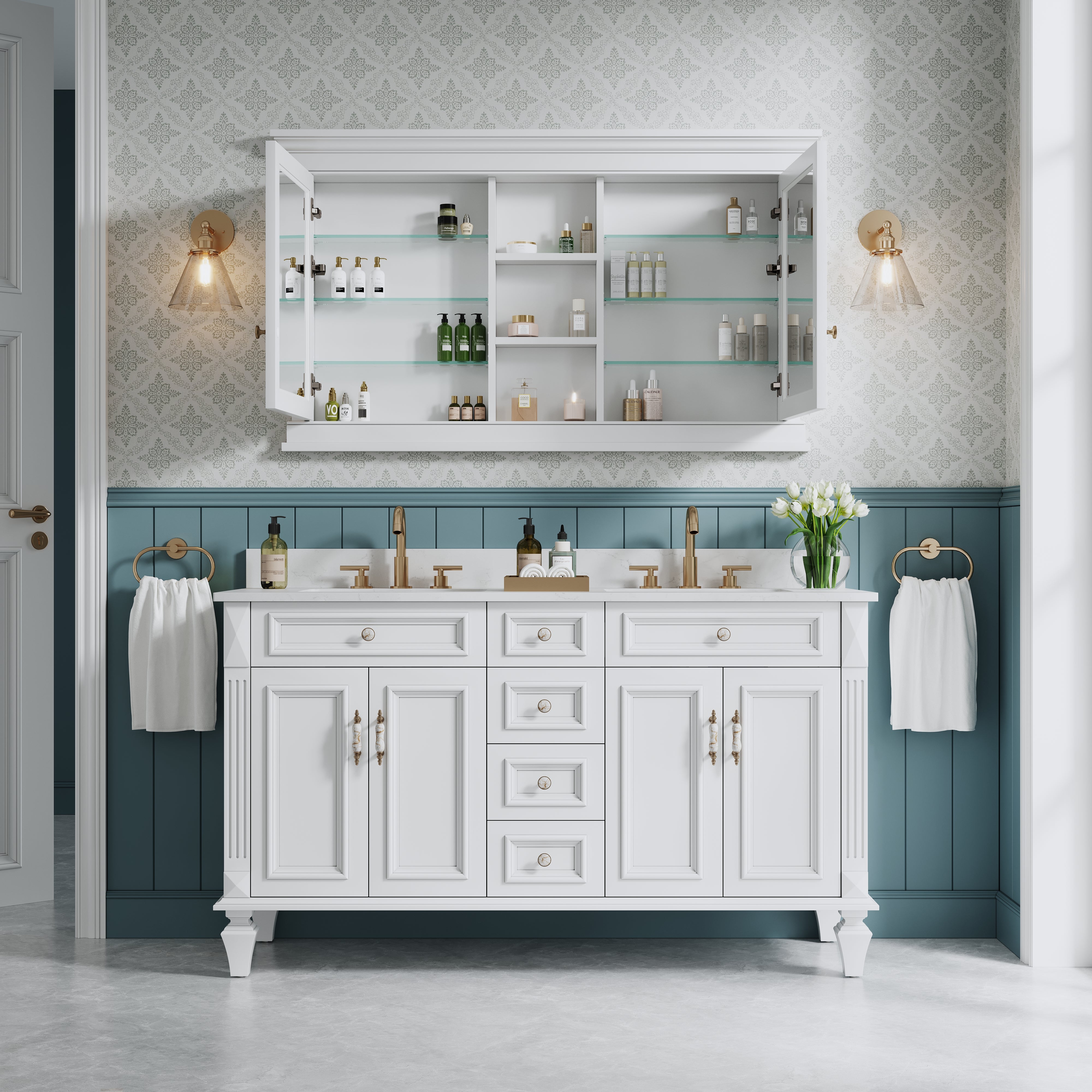 55 in.  W x 32 in.  H White Recessed installation Bathroom Medicine Wood Cabinet with Mirror