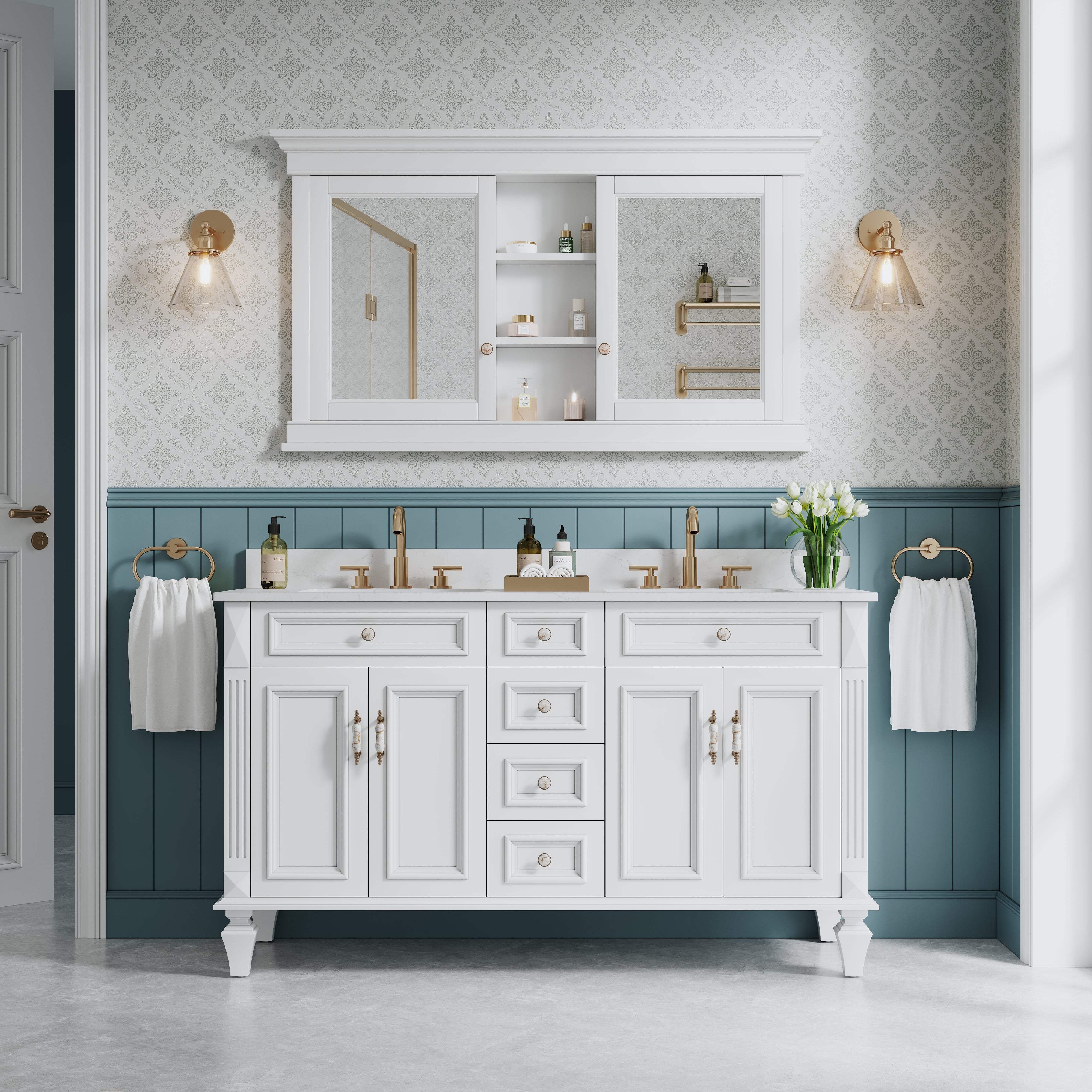 55 in.  W x 32 in.  H White Recessed installation Bathroom Medicine Wood Cabinet with Mirror