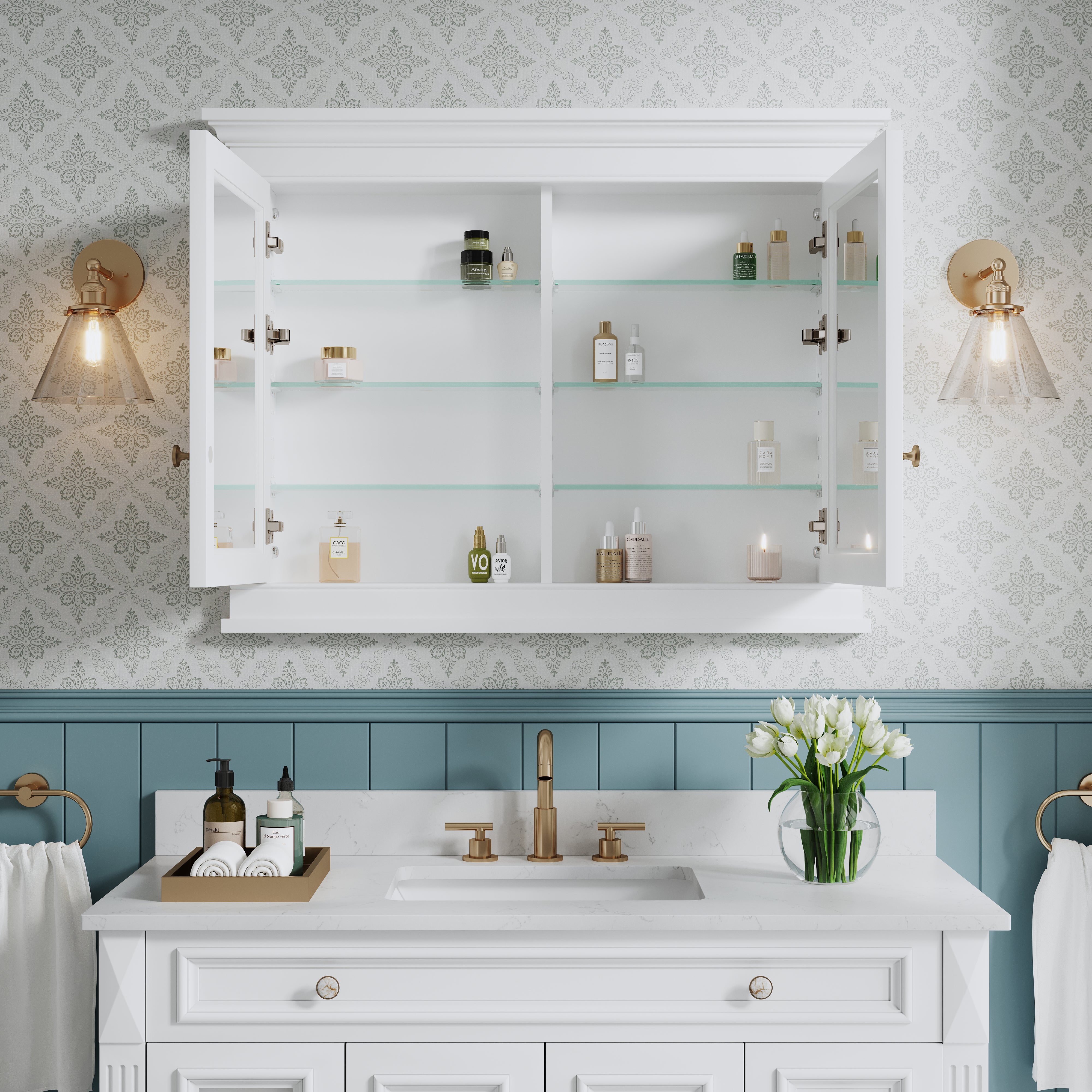 42 in.  W x 32 in.  H White Wood Recessed Bathroom Medicine Cabinet with Mirror