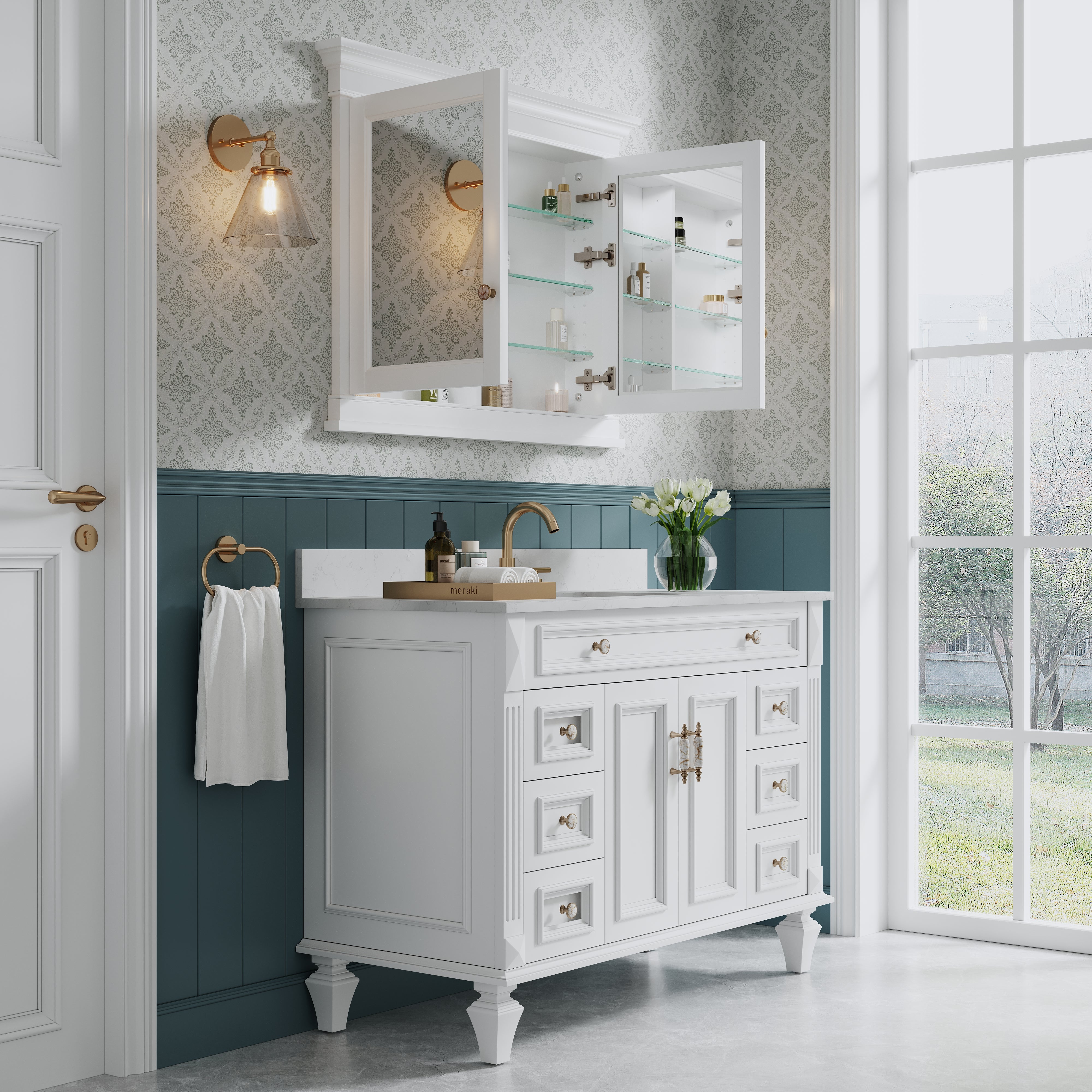 42 in.  W x 32 in.  H White Wood Recessed Bathroom Medicine Cabinet with Mirror
