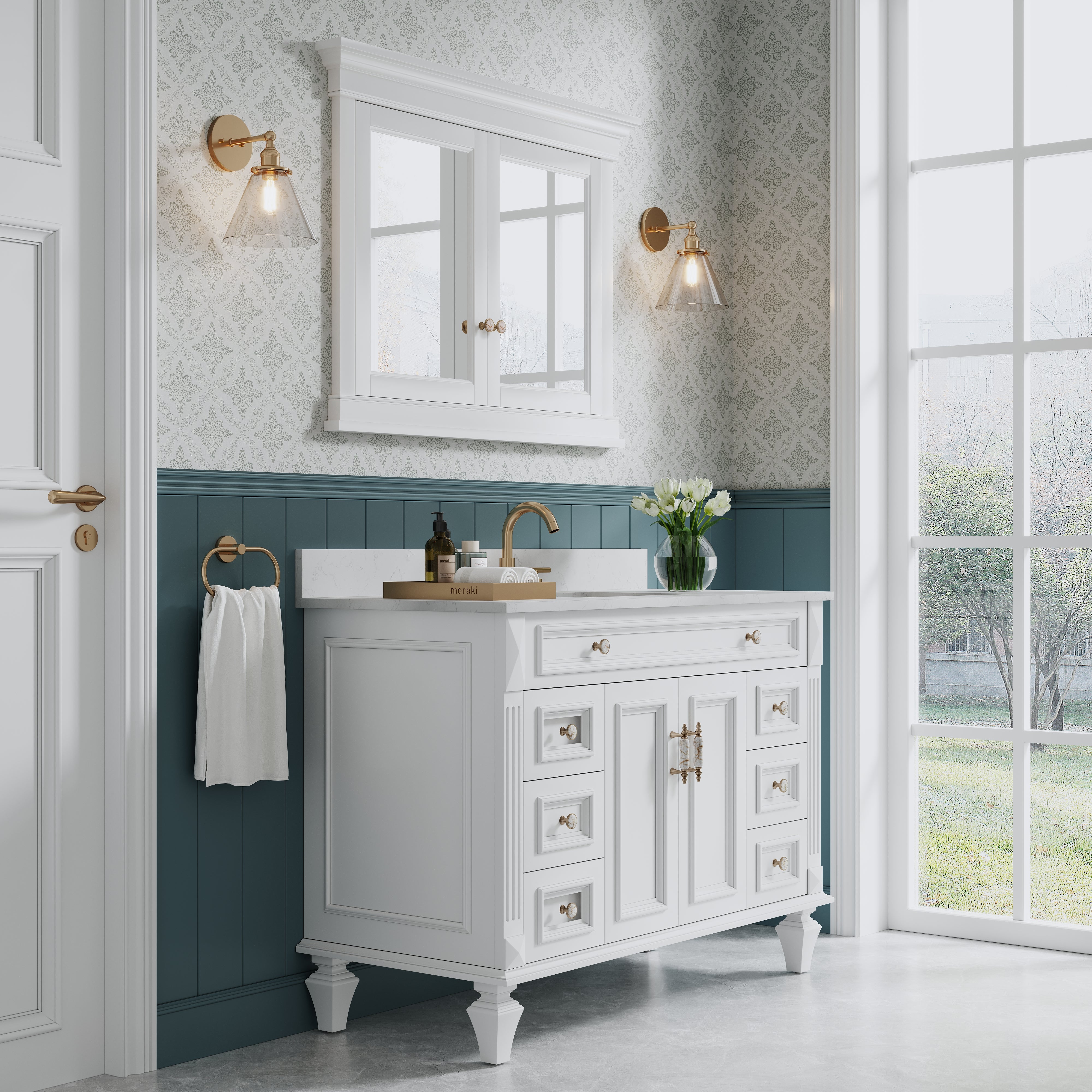42 in.  W x 32 in.  H White Wood Recessed Bathroom Medicine Cabinet with Mirror
