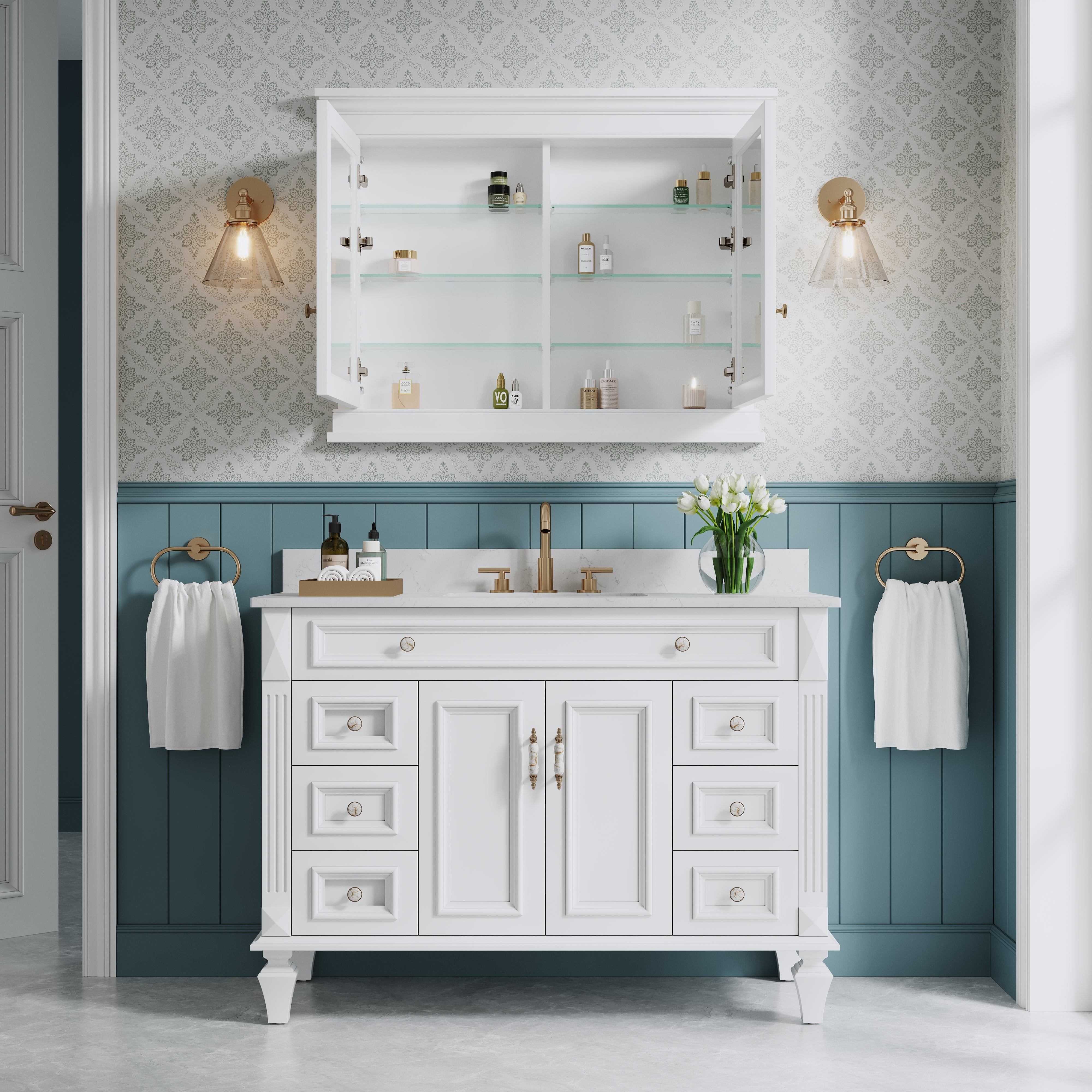 42 in.  W x 32 in.  H White Wood Recessed Bathroom Medicine Cabinet with Mirror