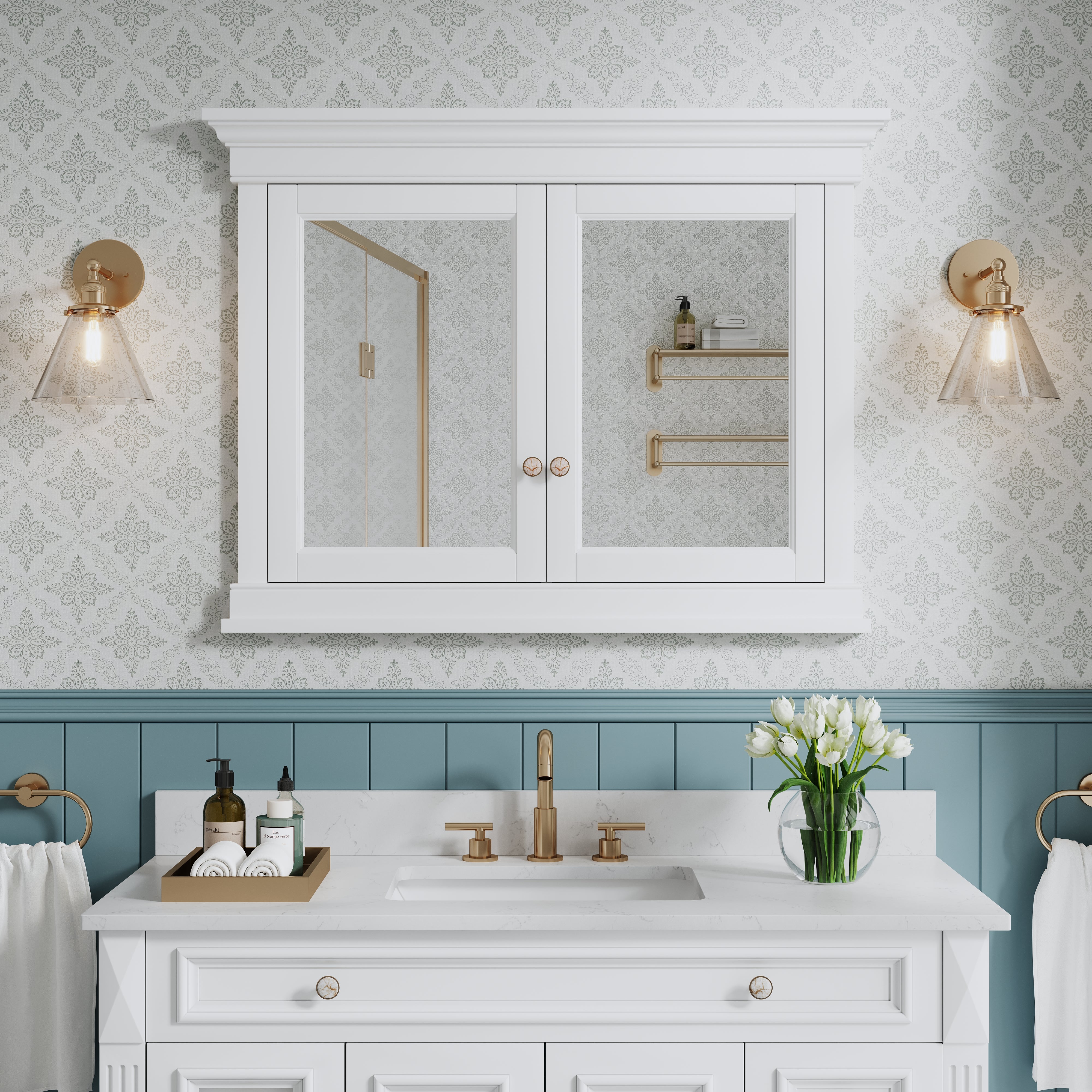 42 in.  W x 32 in.  H White Wood Recessed Bathroom Medicine Cabinet with Mirror