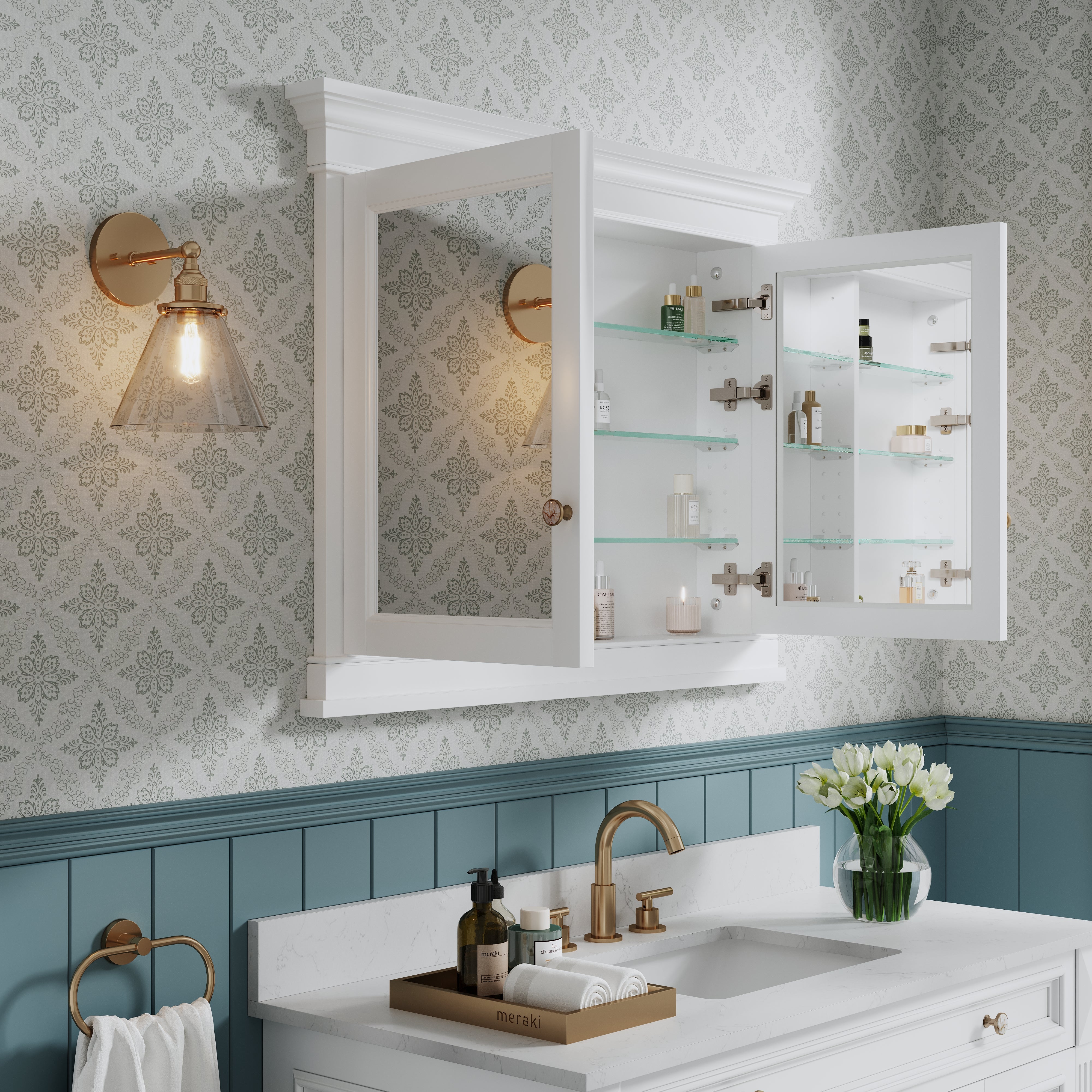 42 in.  W x 32 in.  H White Wood Recessed Bathroom Medicine Cabinet with Mirror