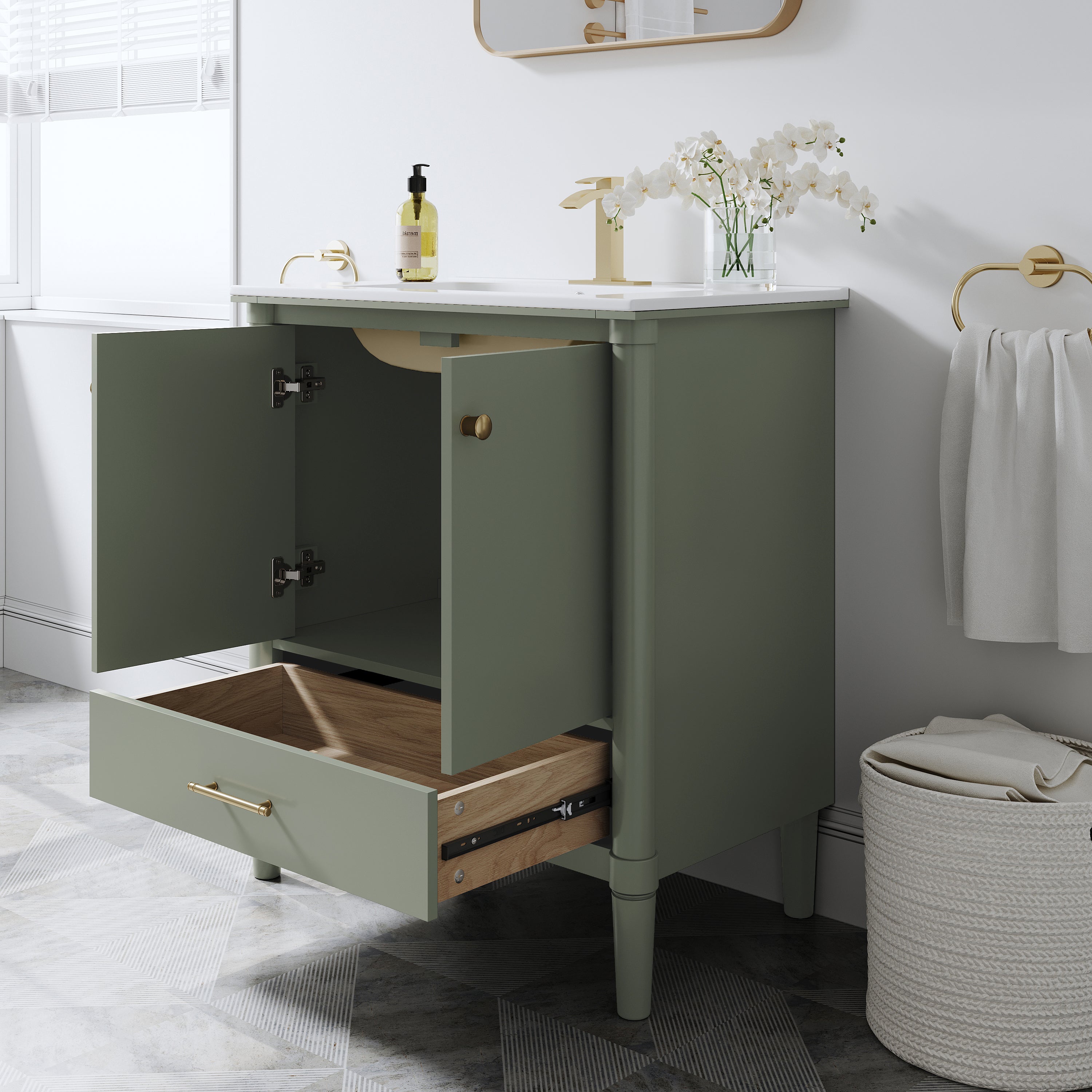 30 inch Solid Wood Freestanding Bathroom Vanity with Single Sink and Soft-Closing Doors, Green
