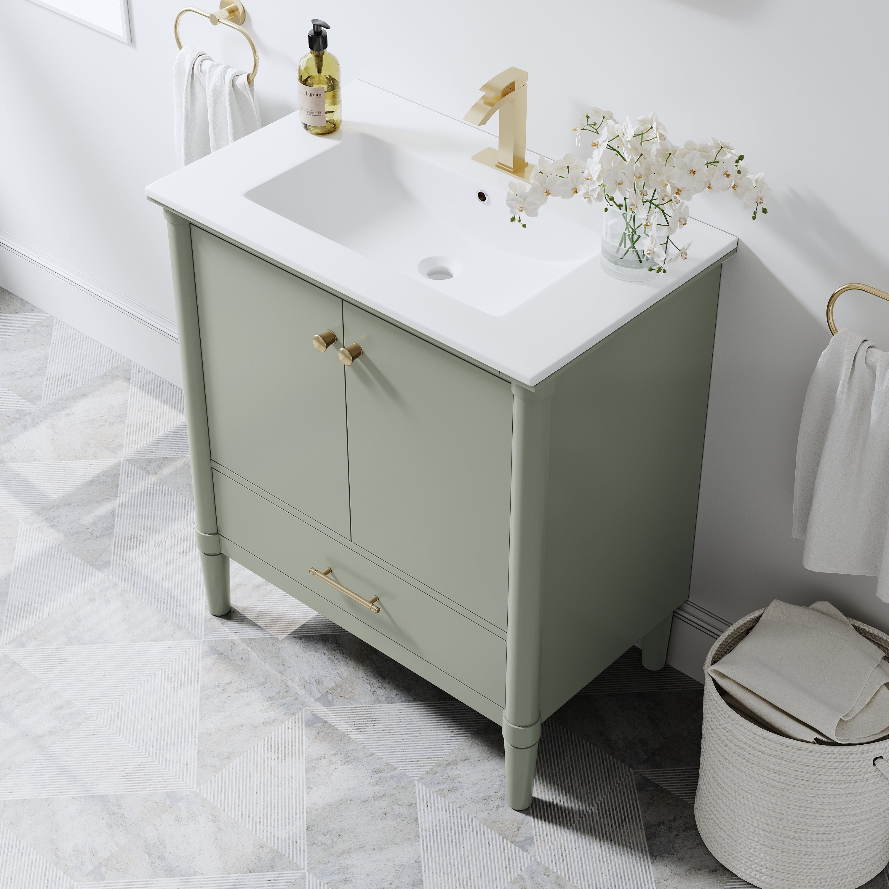 30 inch Solid Wood Freestanding Bathroom Vanity with Single Sink and Soft-Closing Doors, Green