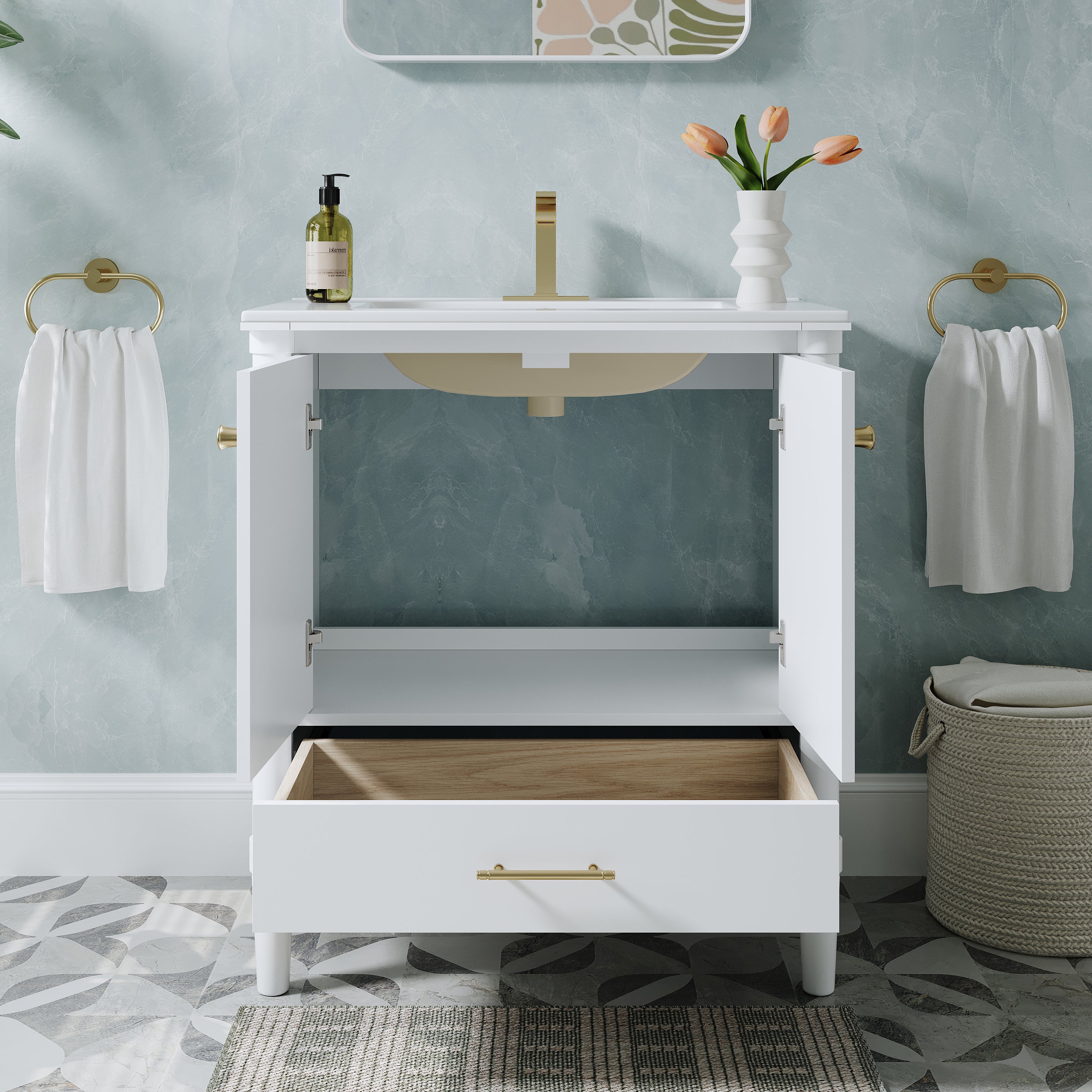 30 inch Solid Wood Freestanding Bathroom Vanity with Single Sink and Soft-Closing Doors, White