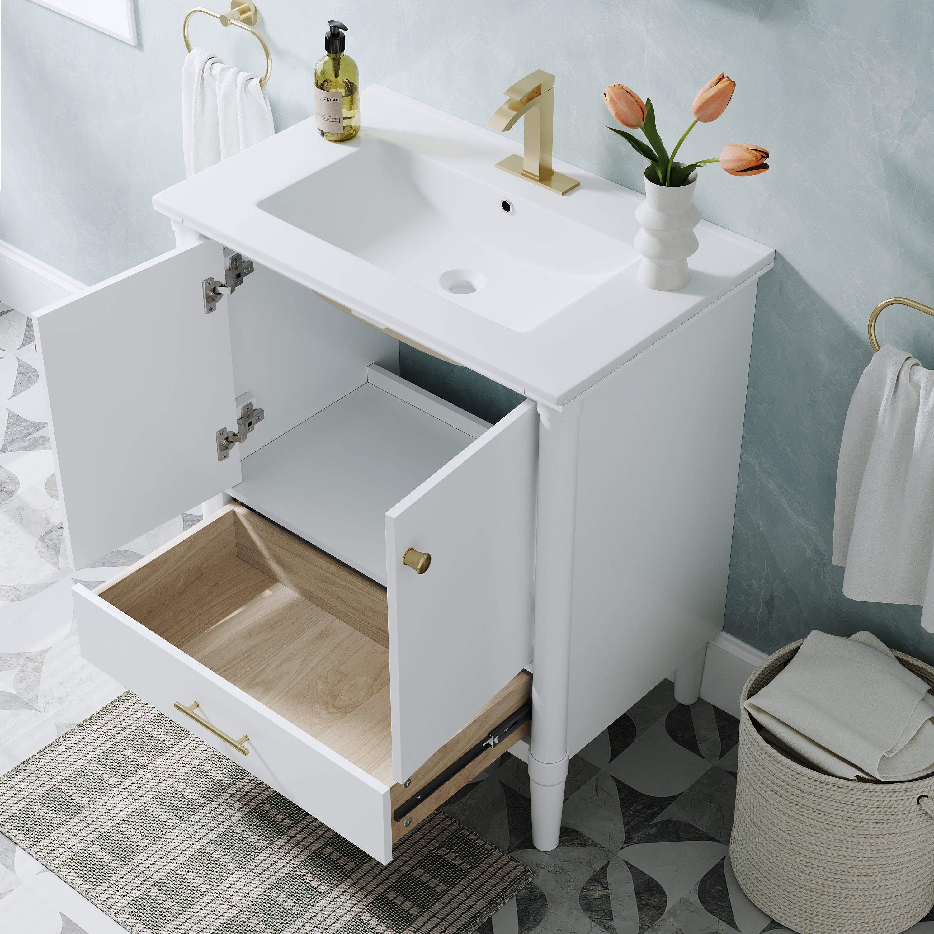 30 inch Solid Wood Freestanding Bathroom Vanity with Single Sink and Soft-Closing Doors, White