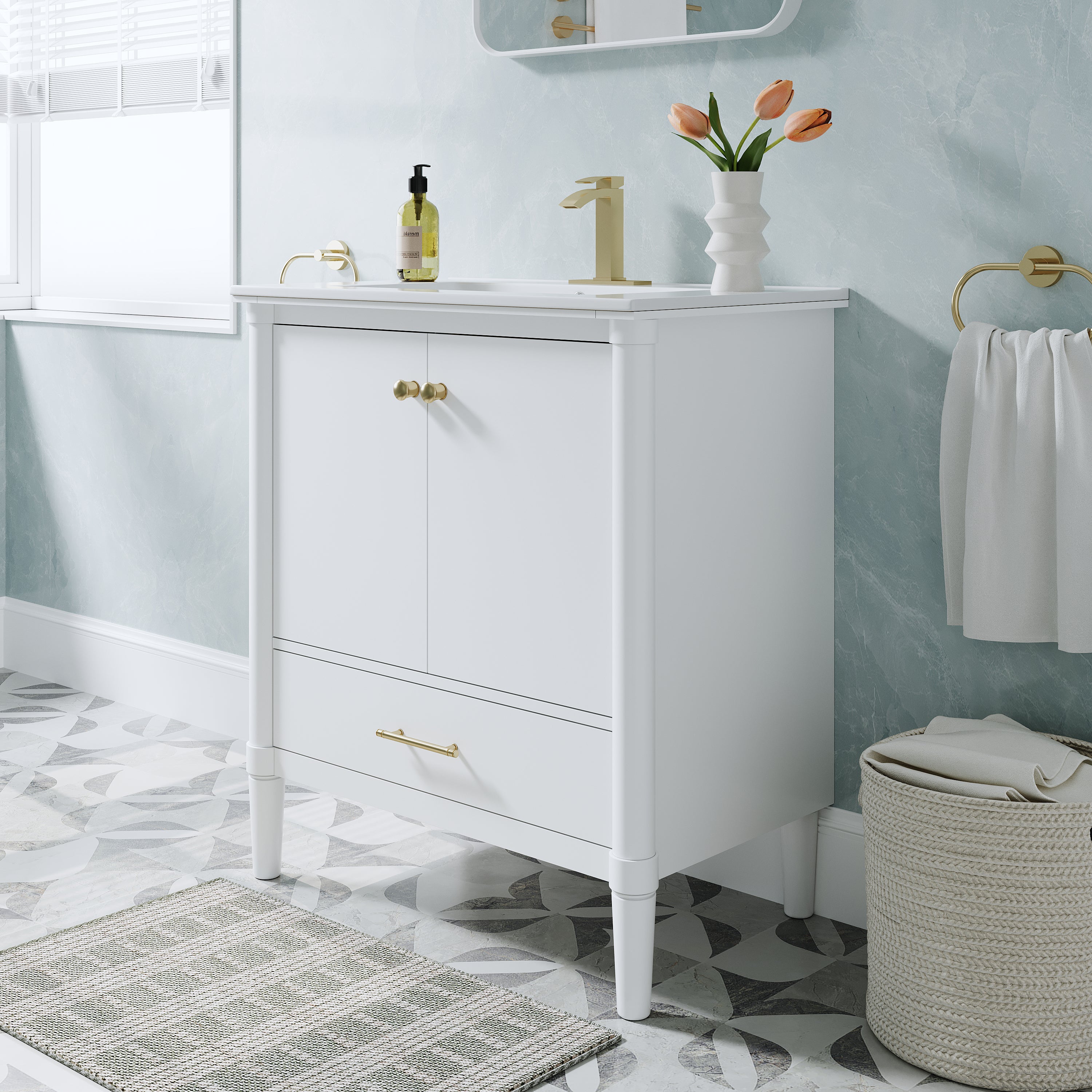 30 inch Solid Wood Freestanding Bathroom Vanity with Single Sink and Soft-Closing Doors, White