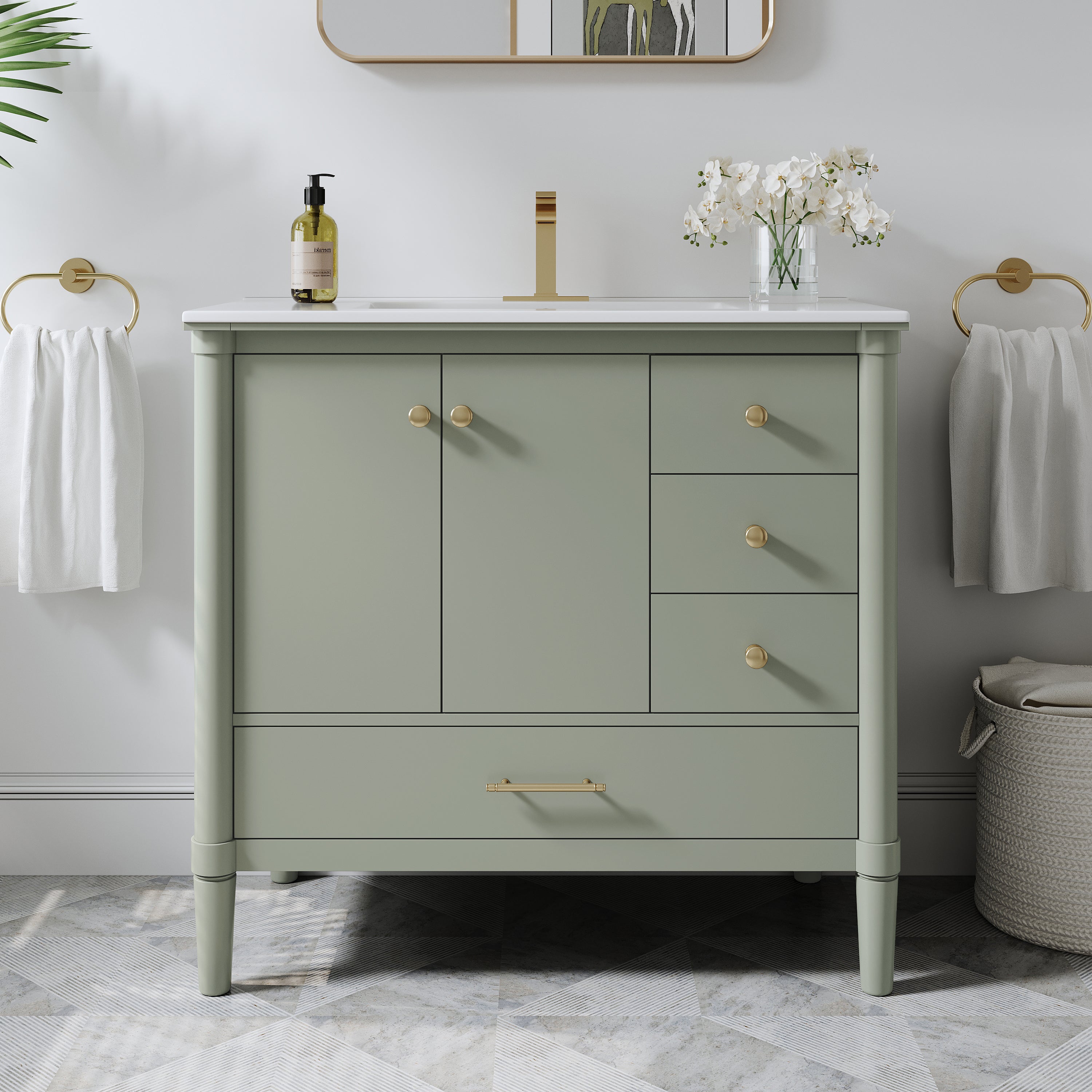 36 inch Solid Wood Freestanding Bathroom Vanity with Single Sink and Soft-Closing Doors, Green